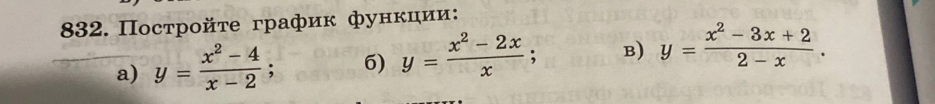 Фото задания: 832. Постройте график функции: a) y = x^2 - 4 / x - 2 ; б) y = x^2 - 2x / x ; в) y = x^2 - 3x + 2 / 2 - x .
