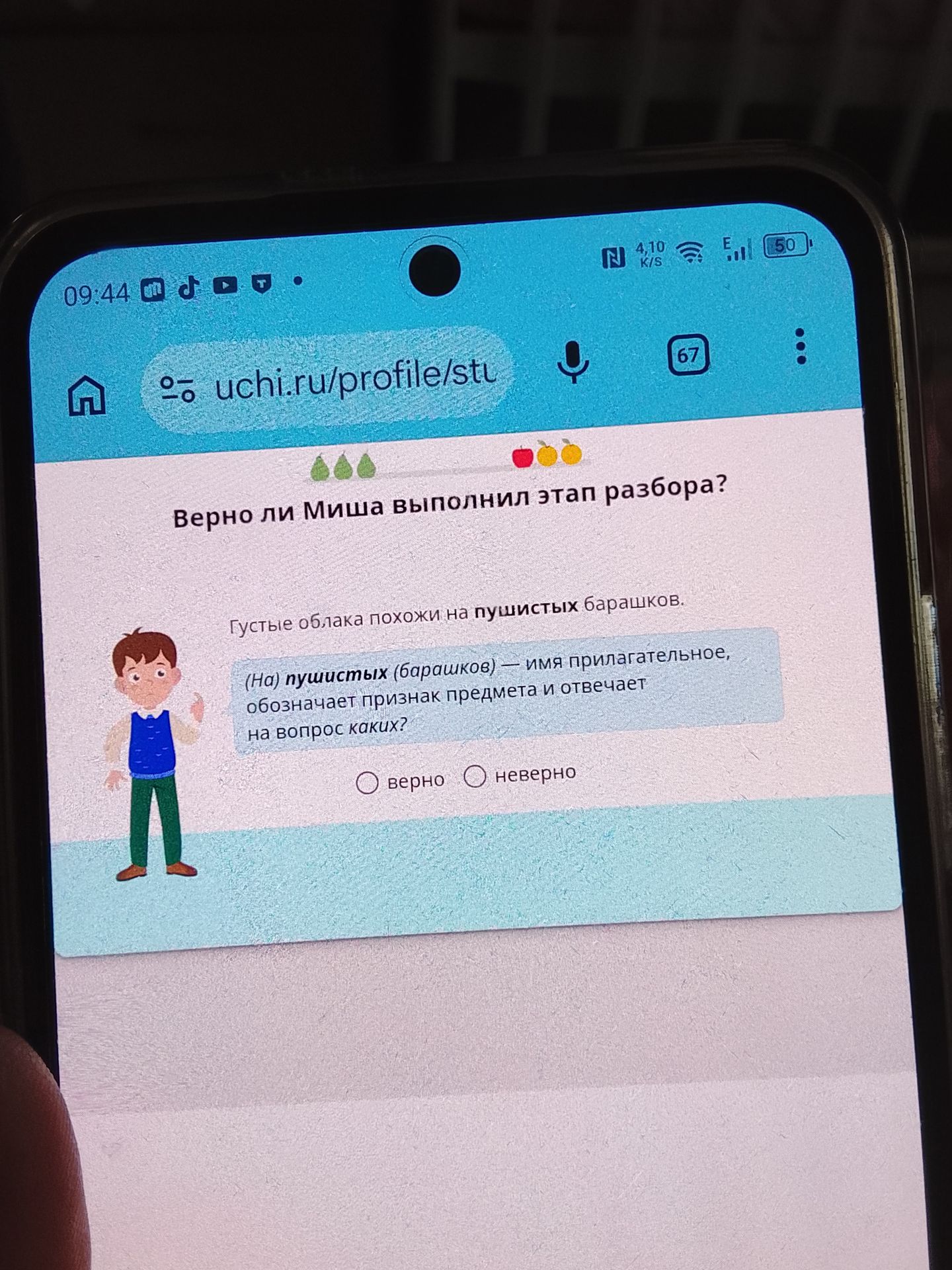 Фото задания: Верно ли Миша выполнил этап разбора? Густые облака похожи на пушистых барашков. (На) пушистых (барашков) — имя…