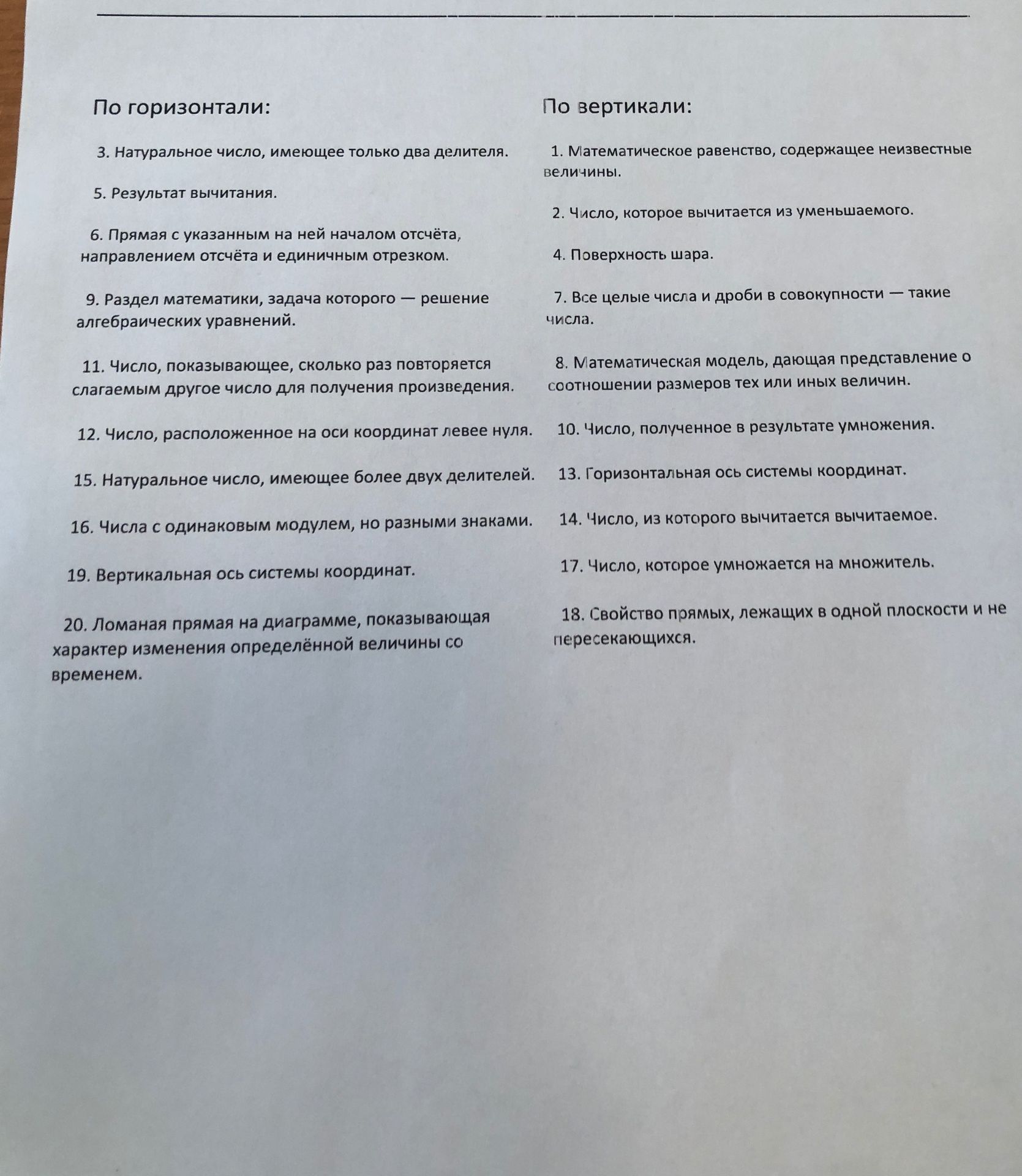 Фото задания: По вертикали: 1. Математическое равенство, содержащее неизвестные величины. 2. Число, которое вычитается из уменьшаемого.…