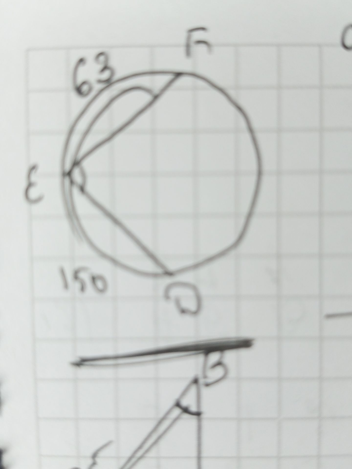 Фото задания: In the given figure, if m(arc AB) = 63 degrees, and m(arc BC) = 150 degrees, find m(arc AC).