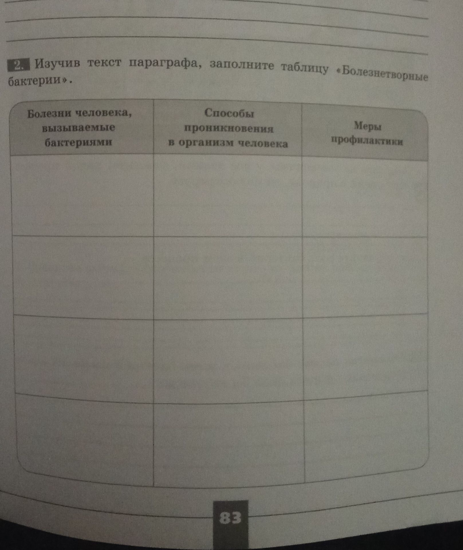 Фото задания: 2. Изучив текст параграфа, заполните таблицу «Болезнетворные бактерии».