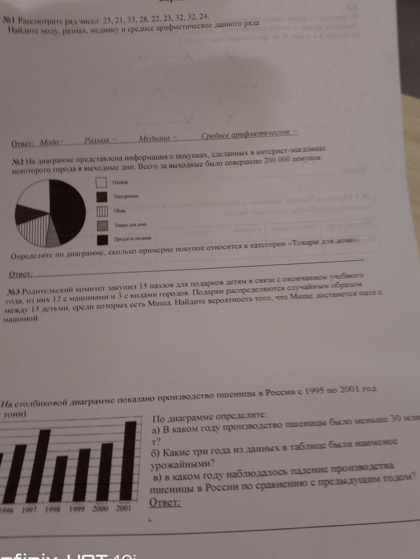 Фото задания: На столбиковой диаграмме показано производство пшеницы в России с 1995 по 2001 год. По диаграмме определите: a) В каком…