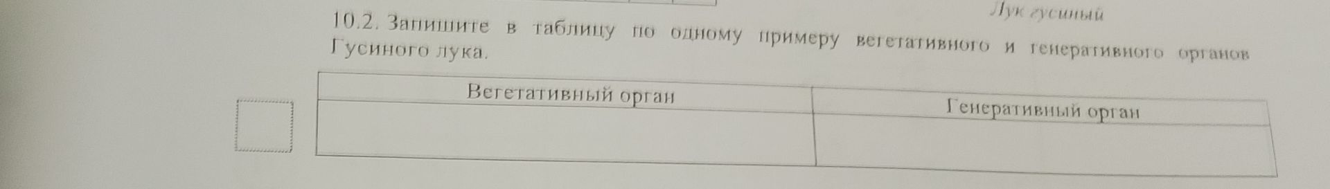 Фото задания: 10.2. Запишите в таблицу по одному примеру вегетативного и генеративного органов Гусиного лука.