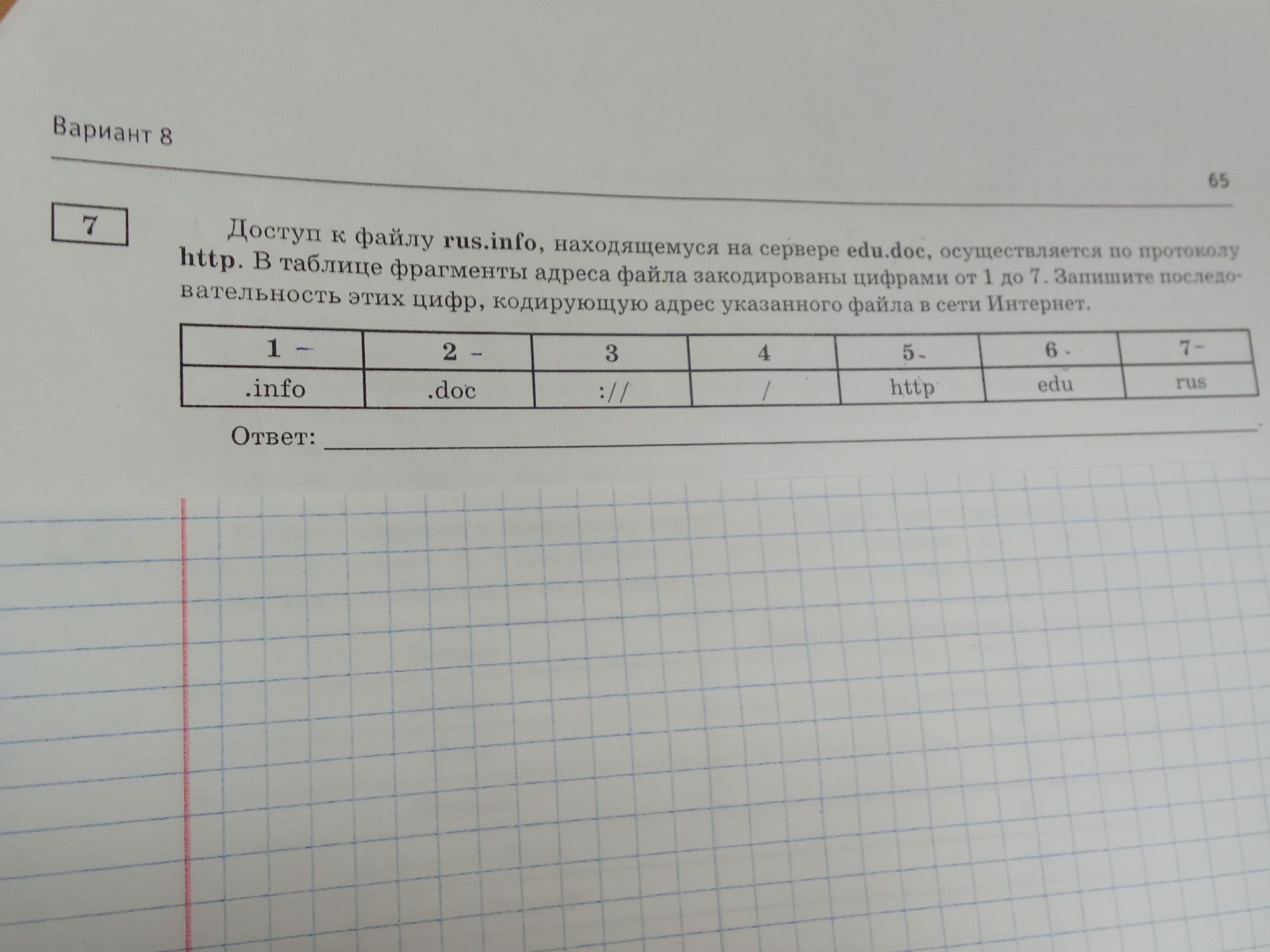 Фото задания: Доступ к файлу rus.info, находящемуся на сервере edu.doc, осуществляется по протоколу http. В таблице фрагменты адреса…
