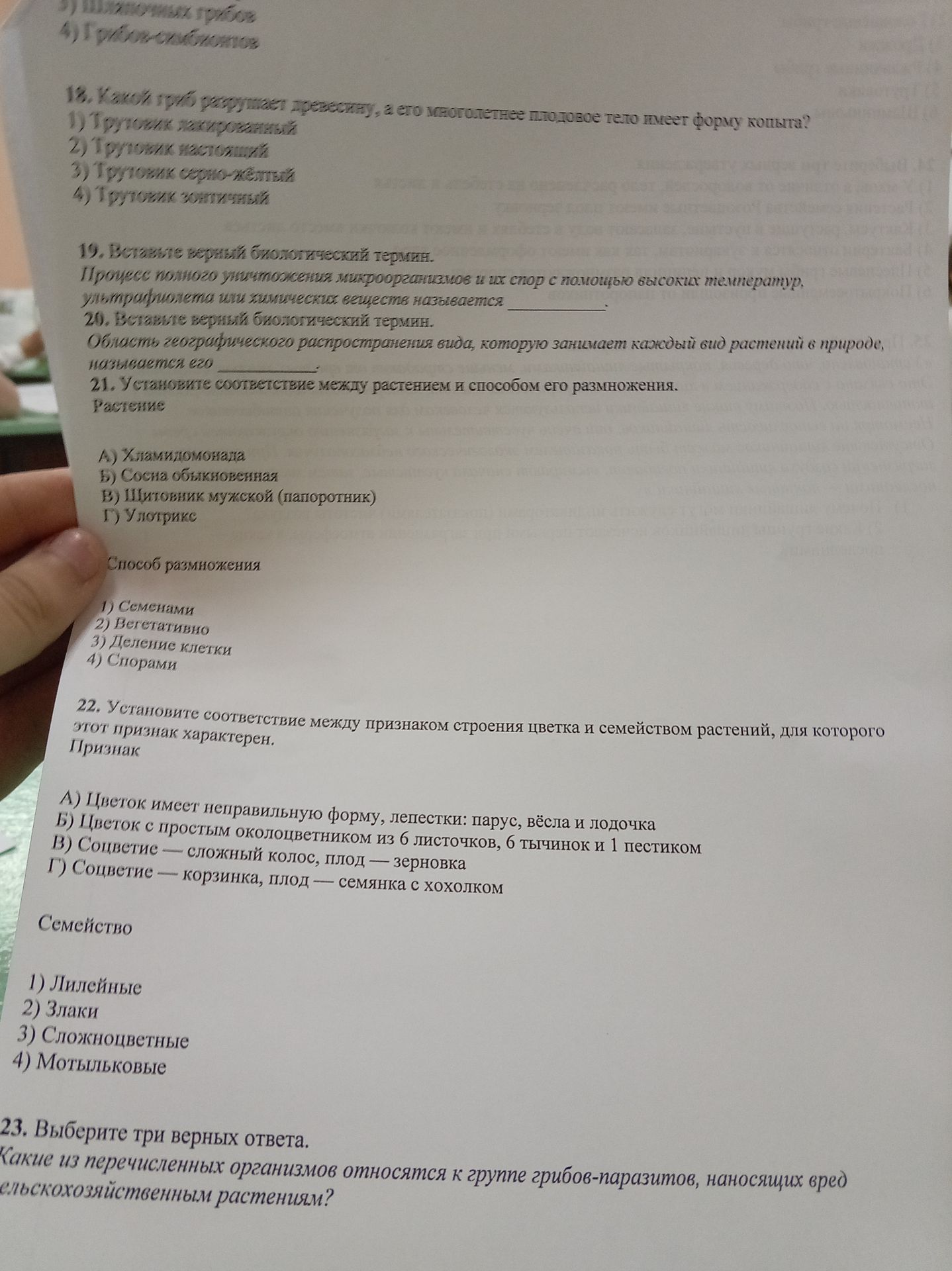 Фото задания: 18. Какой гриб разрушает древесину, а его многолетнее плодовое тело имеет форму копыта? 1) Трутовик лакированный 2)…