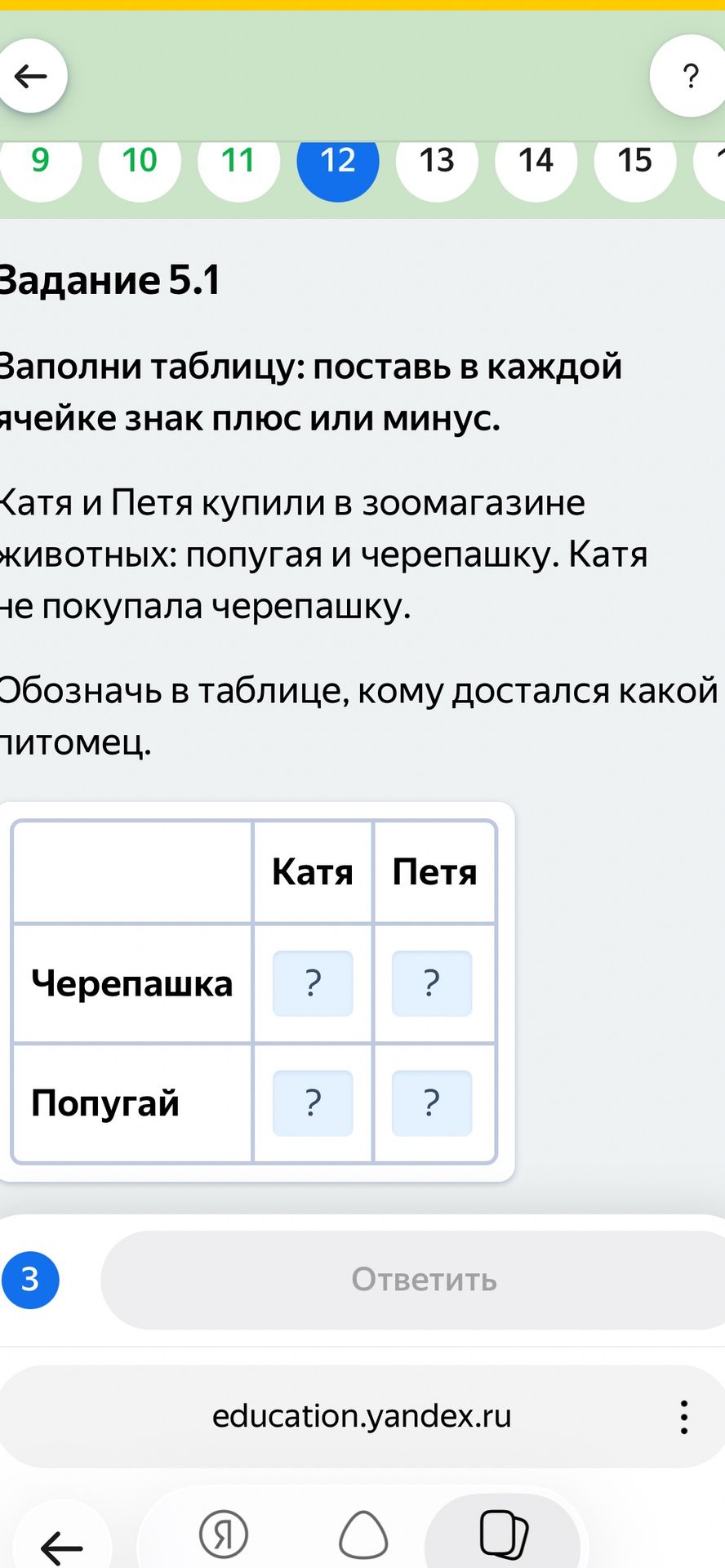 Фото задания: Задание 5.1 Заполни таблицу: поставь в каждой ячейке знак плюс или минус. Катя и Петя купили в зоомагазине животных:…