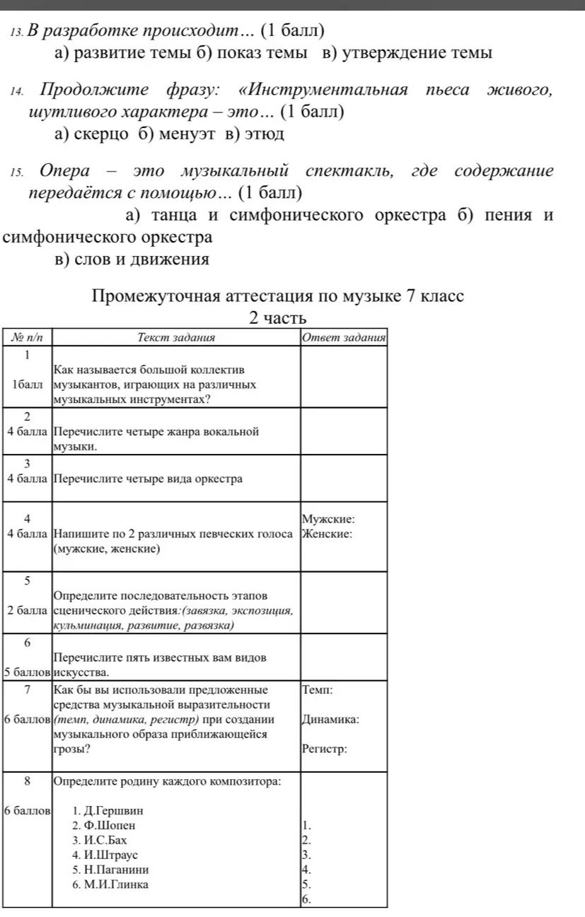 Фото задания: Промежуточная аттестация по музыке 7 класс 2 часть
