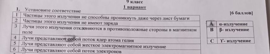 Фото задания: 1. Установите соответствие: 1. Частицы этого излучения не способны проникнуть даже через лист бумаги 2. Частицы этого…