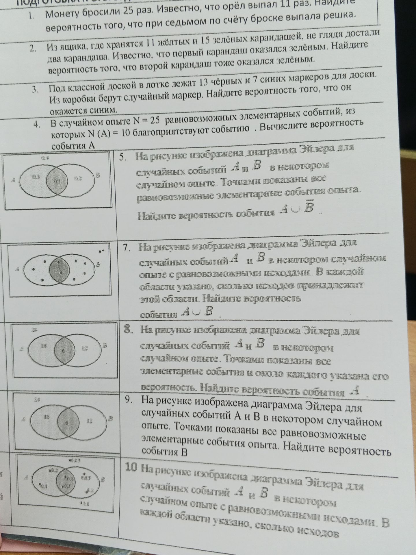 Фото задания: 10. На рисунке изображена диаграмма Эйлера для случайных событий A и B в некотором случайном опыте с равновозможными…