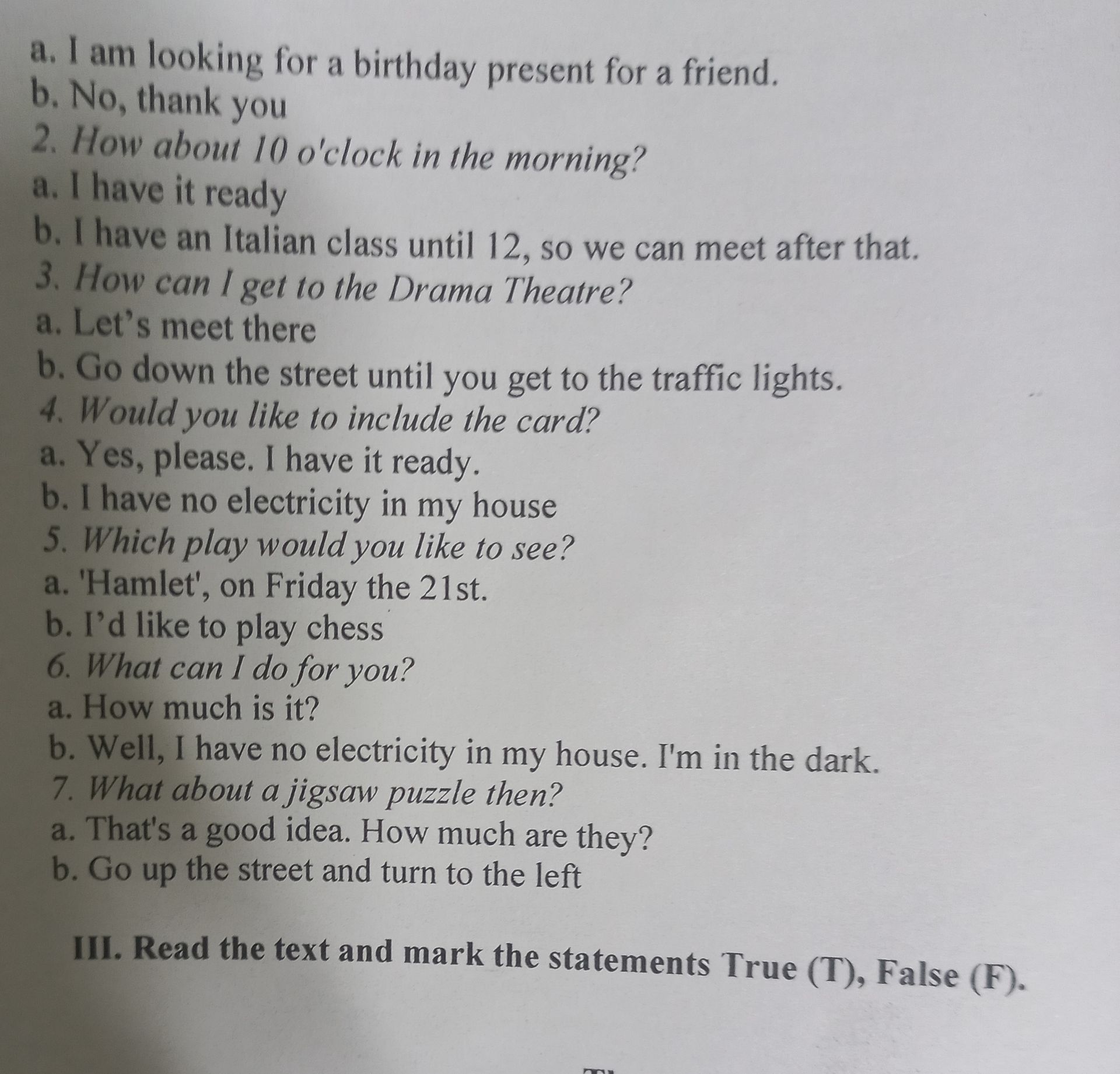 Фото задания: a. I am looking for a birthday present for a friend. b. No, thank you