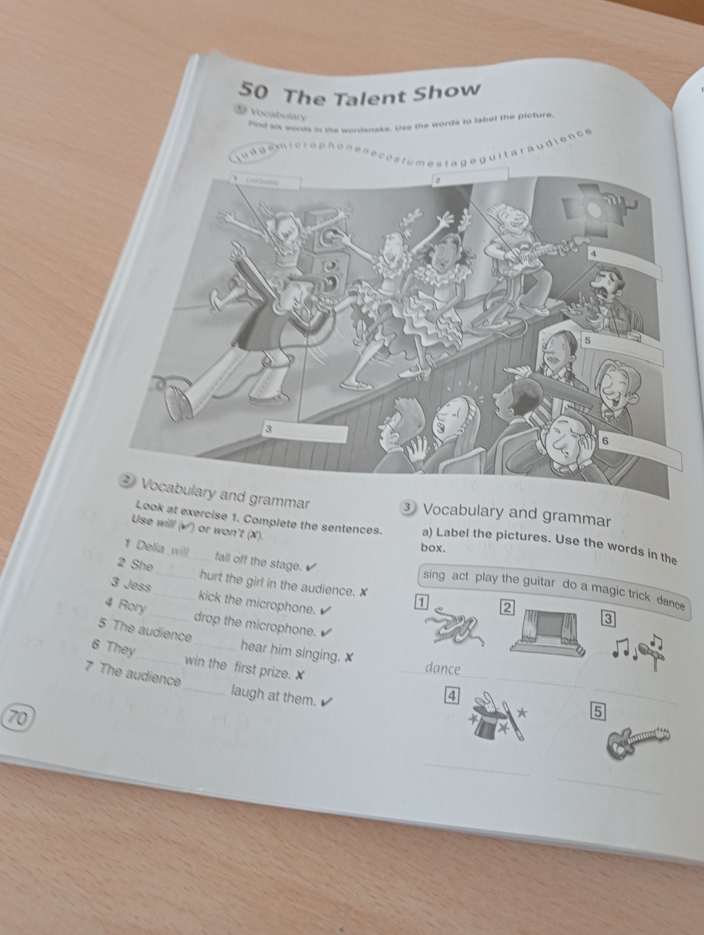 Фото задания: Look at exercise 1. Complete the sentences. Use will (✓) or won't (X).
