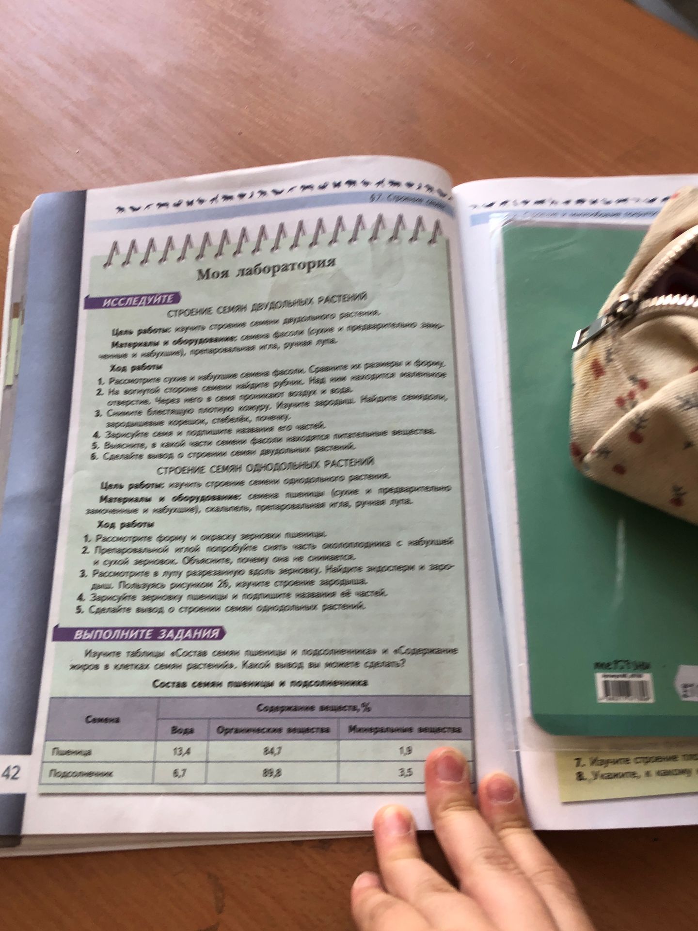 Фото задания: Изучите таблицы «Состав семян пшеницы и подсолнечника» и «Содержание жиров в клетках семян растений». Какой вывод вы можете…