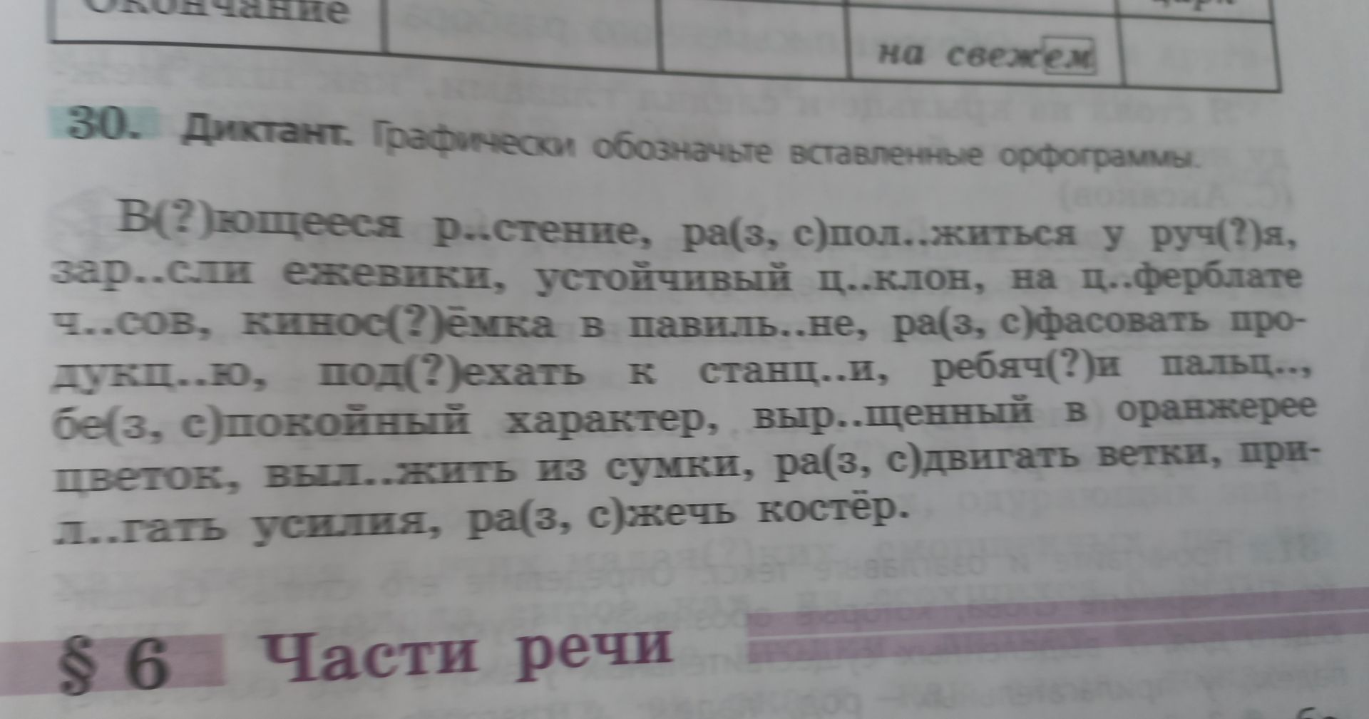Фото задания: 30. Диктант. Графически обозначьте вставленные орфограммы. В(?)ющееся р..стение, ра(з, с)пол..житься у руч(?)я, зар..сли…