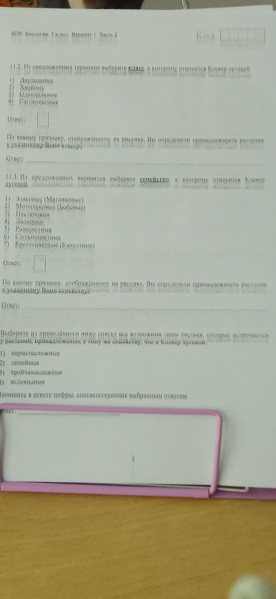 Фото задания: 11.3. Из предложенных вариантов выберите семейство, к которому относится клевер луговой.