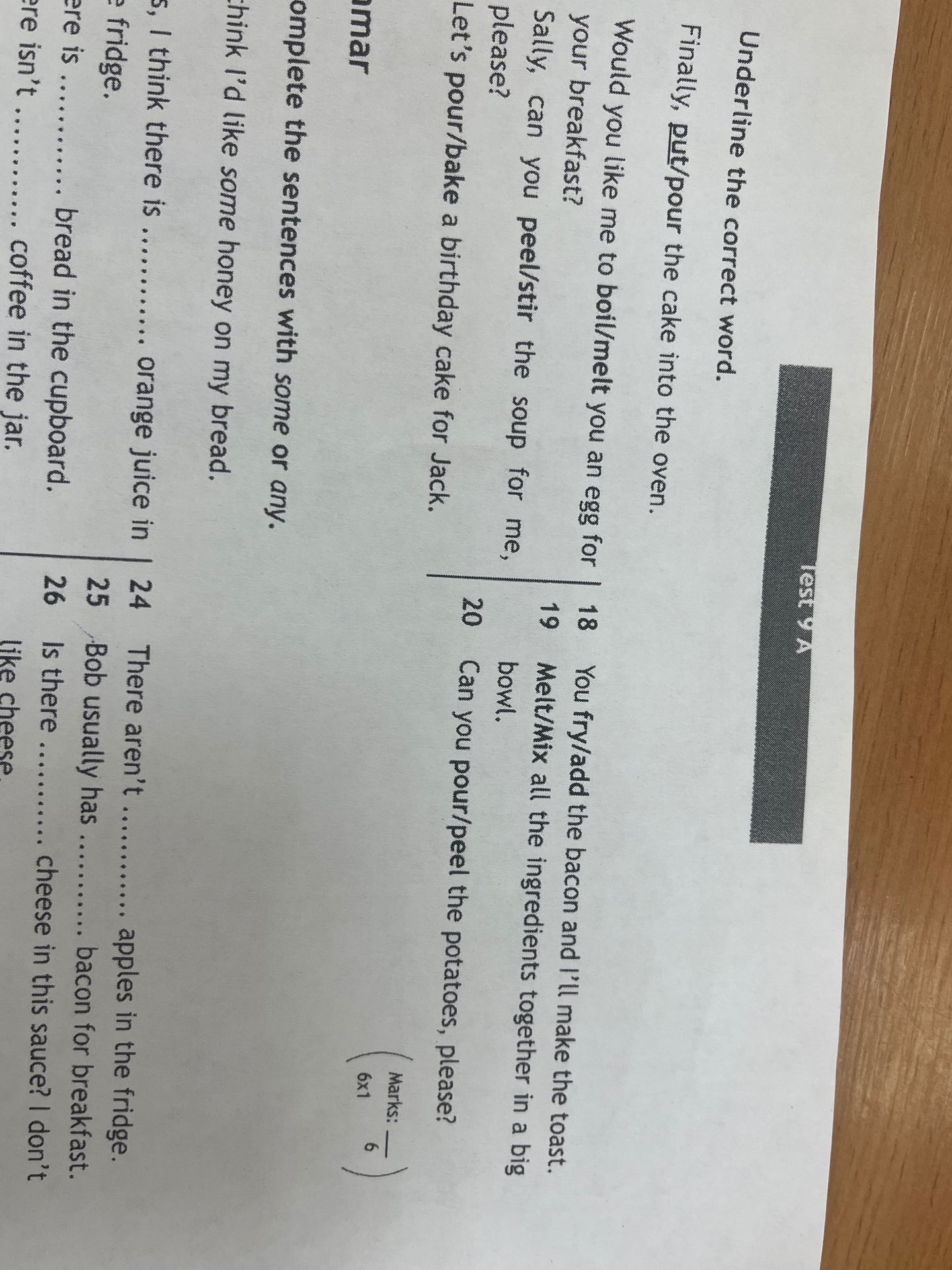 Фото задания: Complete the sentences with some or any. Bob usually has .......... bacon for breakfast.