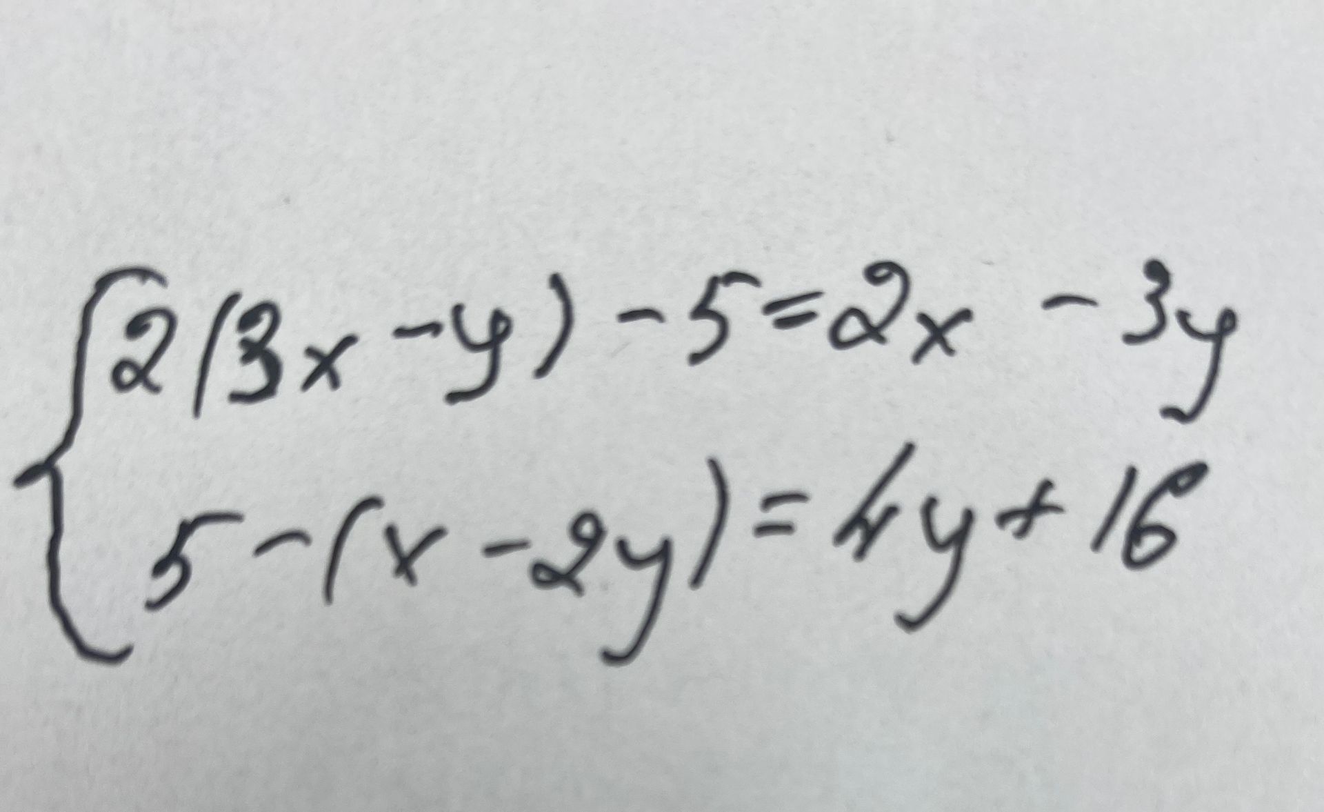 Фото задания: Solve the system of equations: (2(3x-y)-5=2x-3y), (5-(x-2y)=4y+18)