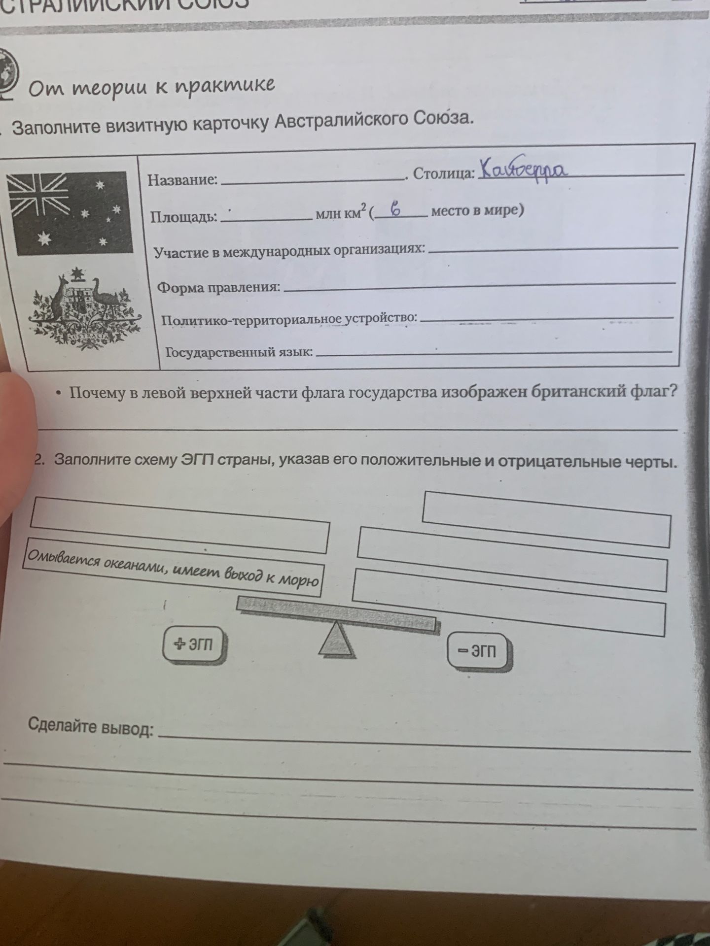 Фото задания: Заполните визитную карточку Австралийского Союза.