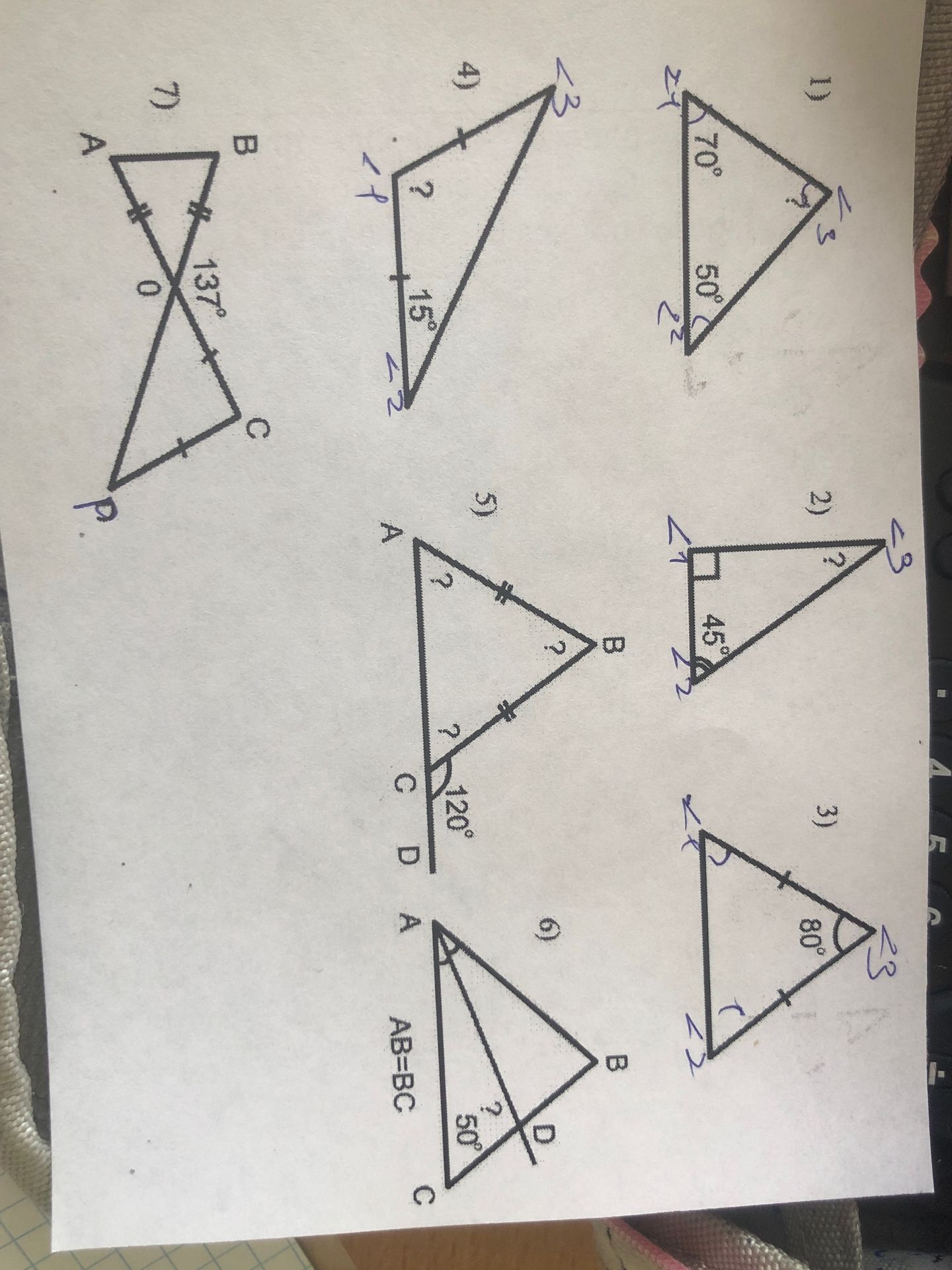 Фото задания: 1) Find the missing angles in the triangle.