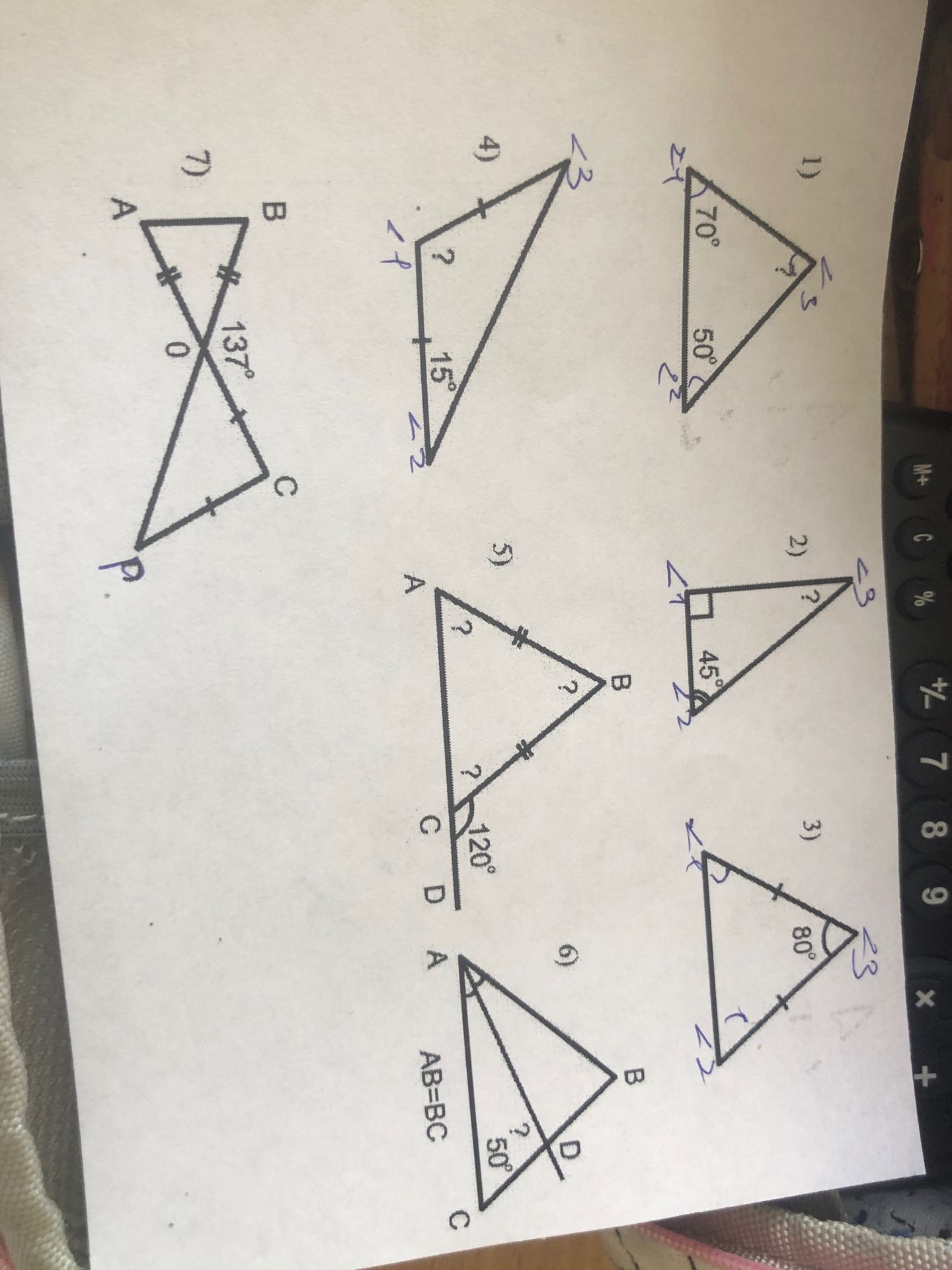 Фото задания: Solve for the missing angles in the given triangles.