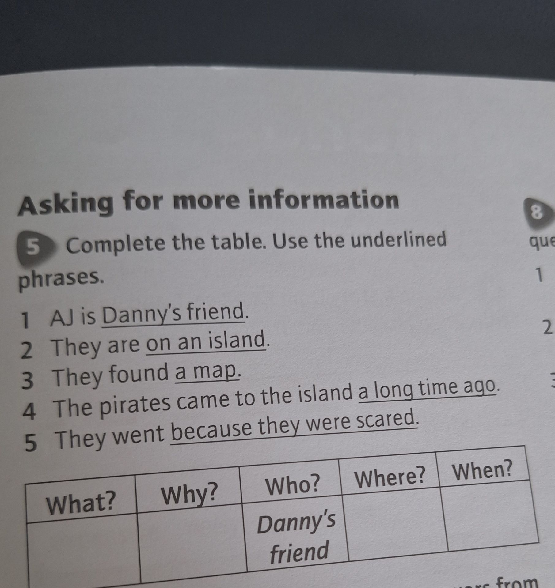 Фото задания: Complete the table. Use the underlined phrases. 1 AJ is Danny's friend. 2 They are on an island. 3 They found a map. 4 The…