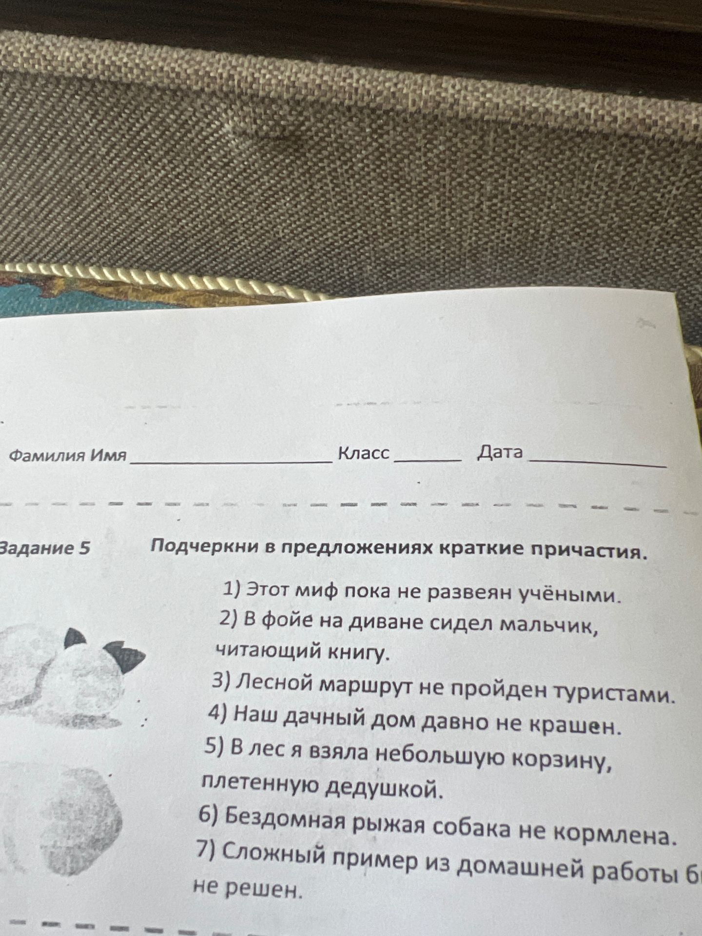 Фото задания: Подчеркни в предложениях краткие причастия. 1) Этот миф пока не развеян учёными. 2) В фойе на диване сидел мальчик,…