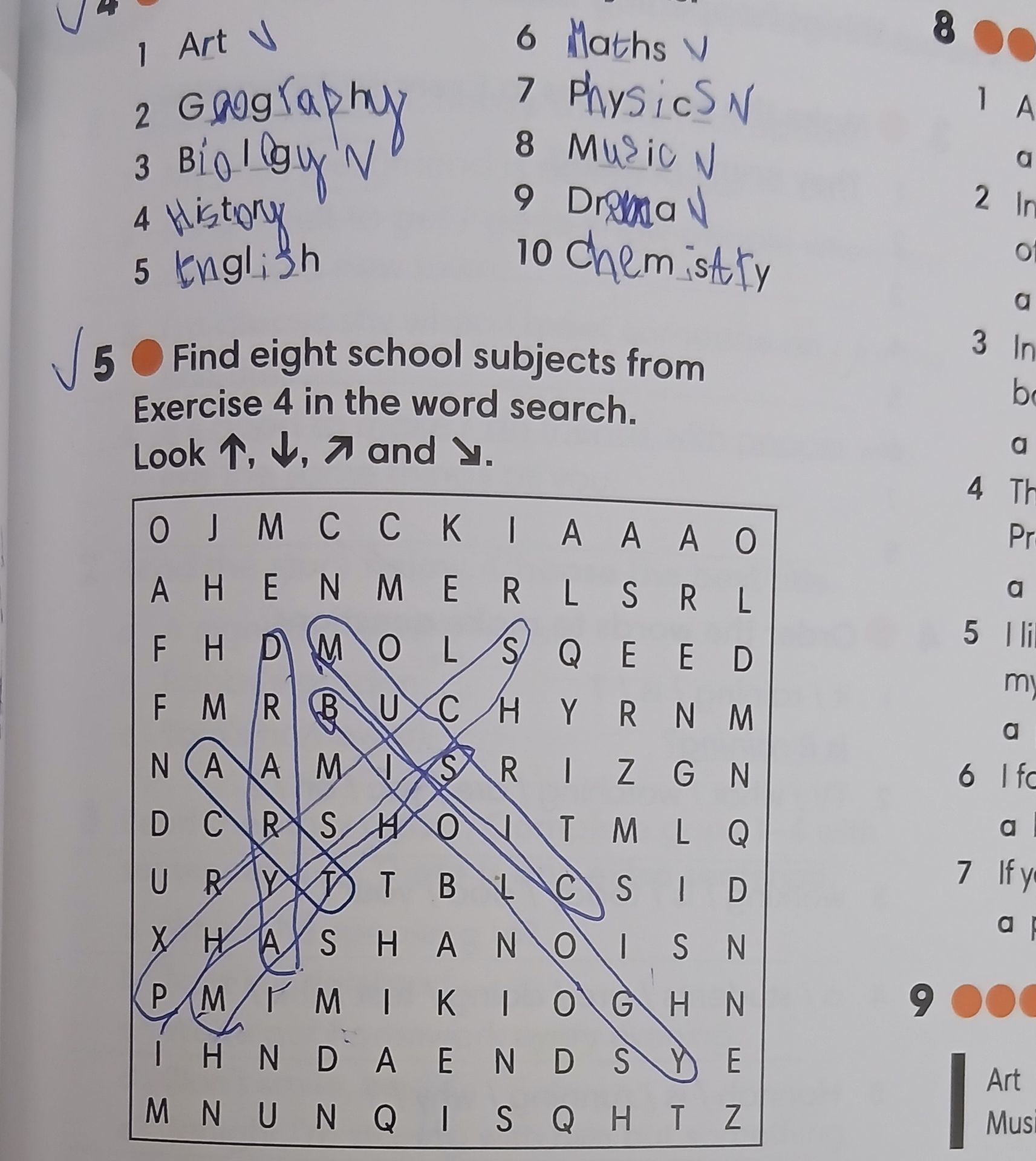 Фото задания: Find eight school subjects from Exercise 4 in the word search. Look ↑, ↓, ↗ and ↘.