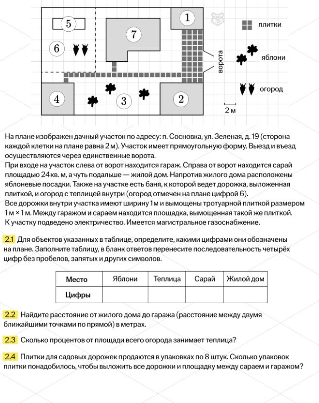 Фото задания: 2.2 Найдите расстояние от жилого дома до гаража (расстояние между двумя ближайшими точками по прямой) в метрах.