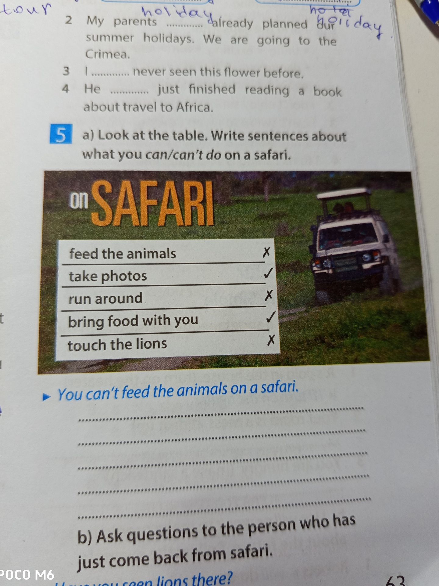 Фото задания: b) Ask questions to the person who has just come back from safari.