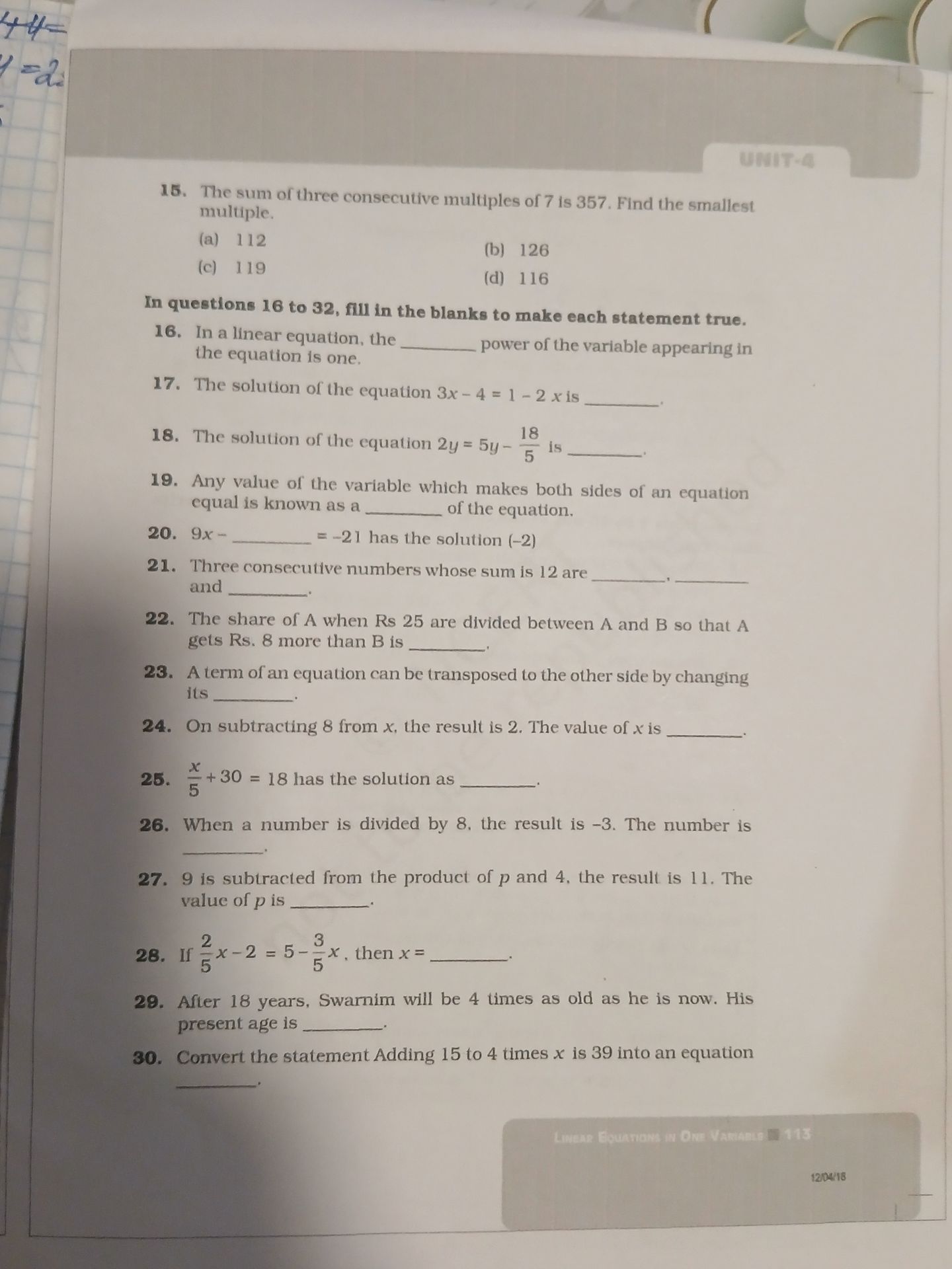 Фото задания: 28. If 2/5 x - 2 = 5 - 3/5 x, then x = ______