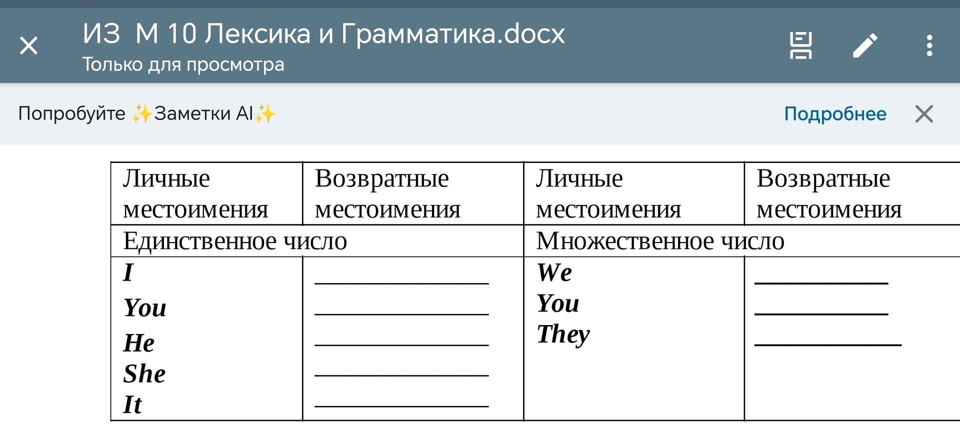 Фото задания: Write down the personal and reflexive pronouns from the table. Provide the answer in Russian.