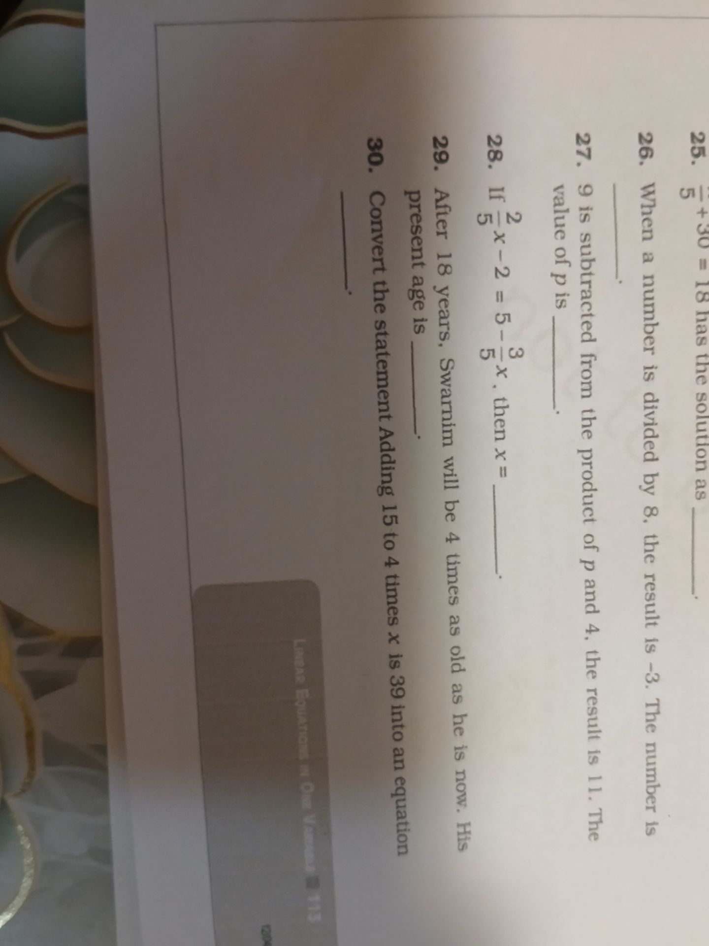 Фото задания: 28. If $\frac{2}{5}x - 2 = 5 - \frac{3}{5}x$, then x =