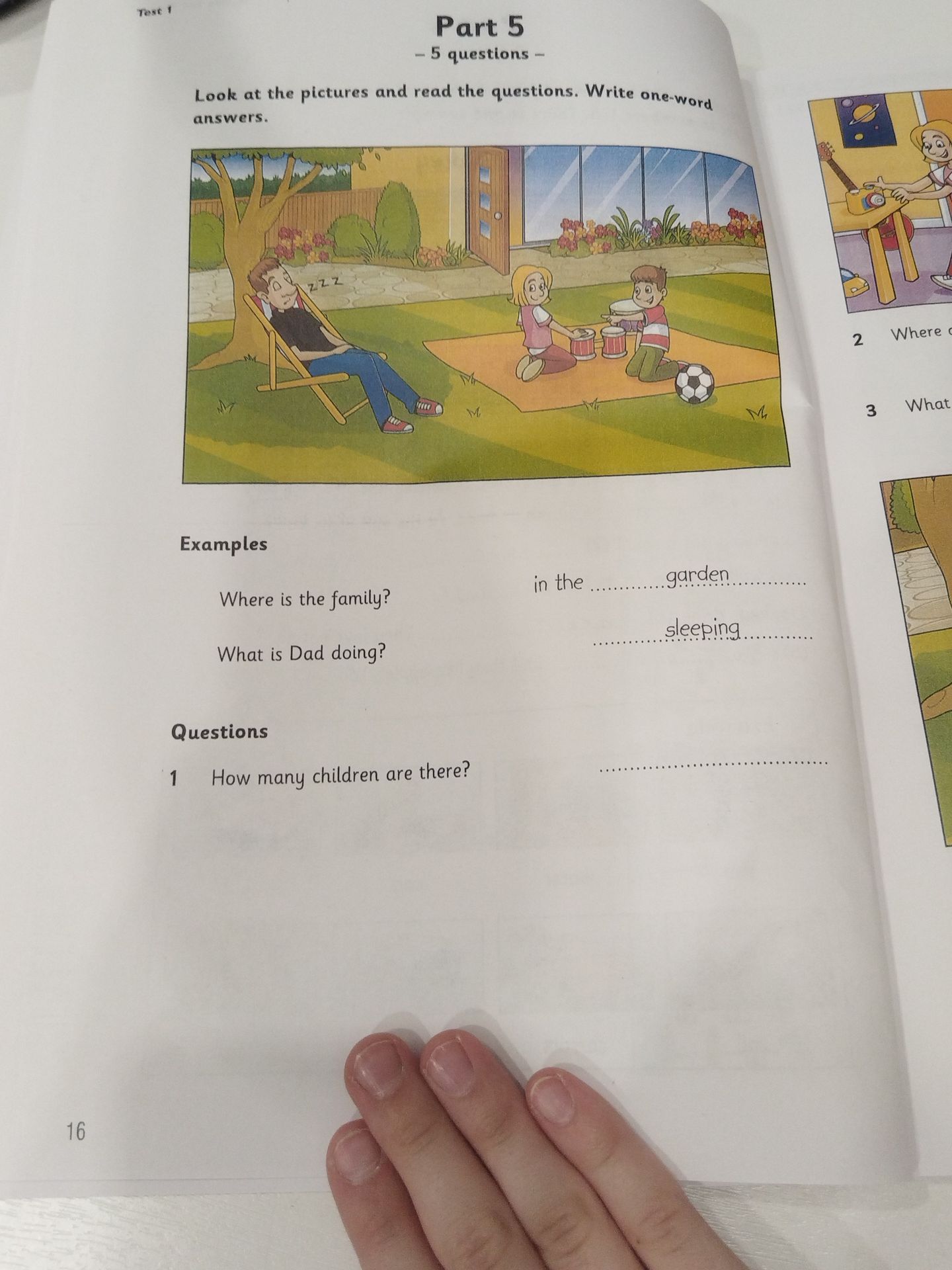 Фото задания: Look at the pictures and read the questions. Write one-word answers. Examples Where is the family? What is Dad doing?…