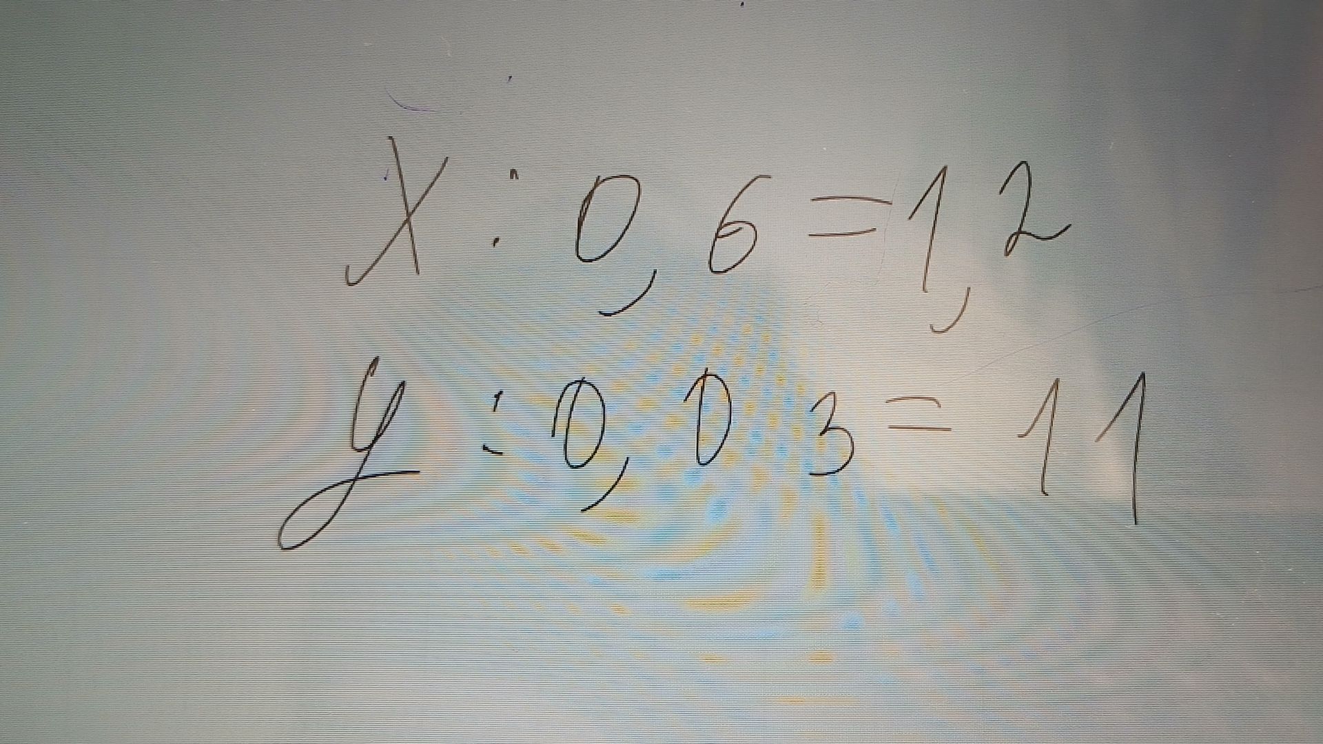 Фото задания: Solve the equations: x : 0,6 = 1,2 and y : 0,03 = 11.