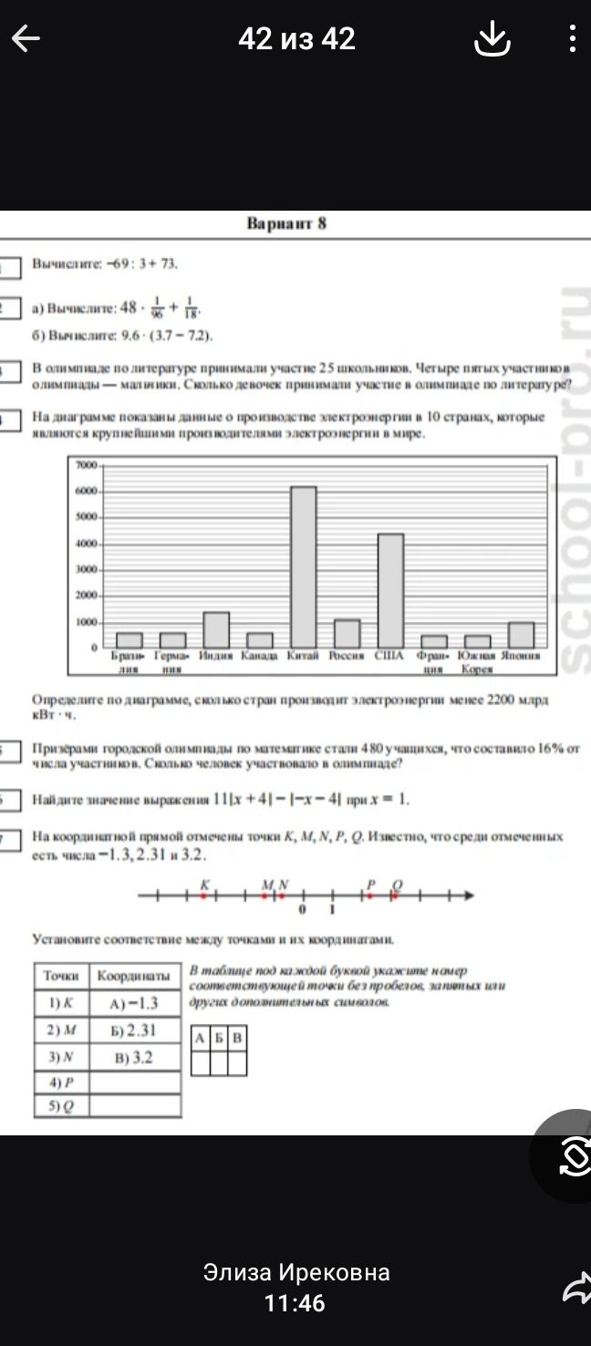 Фото задания: 1) Вычислите: -69:3+73.