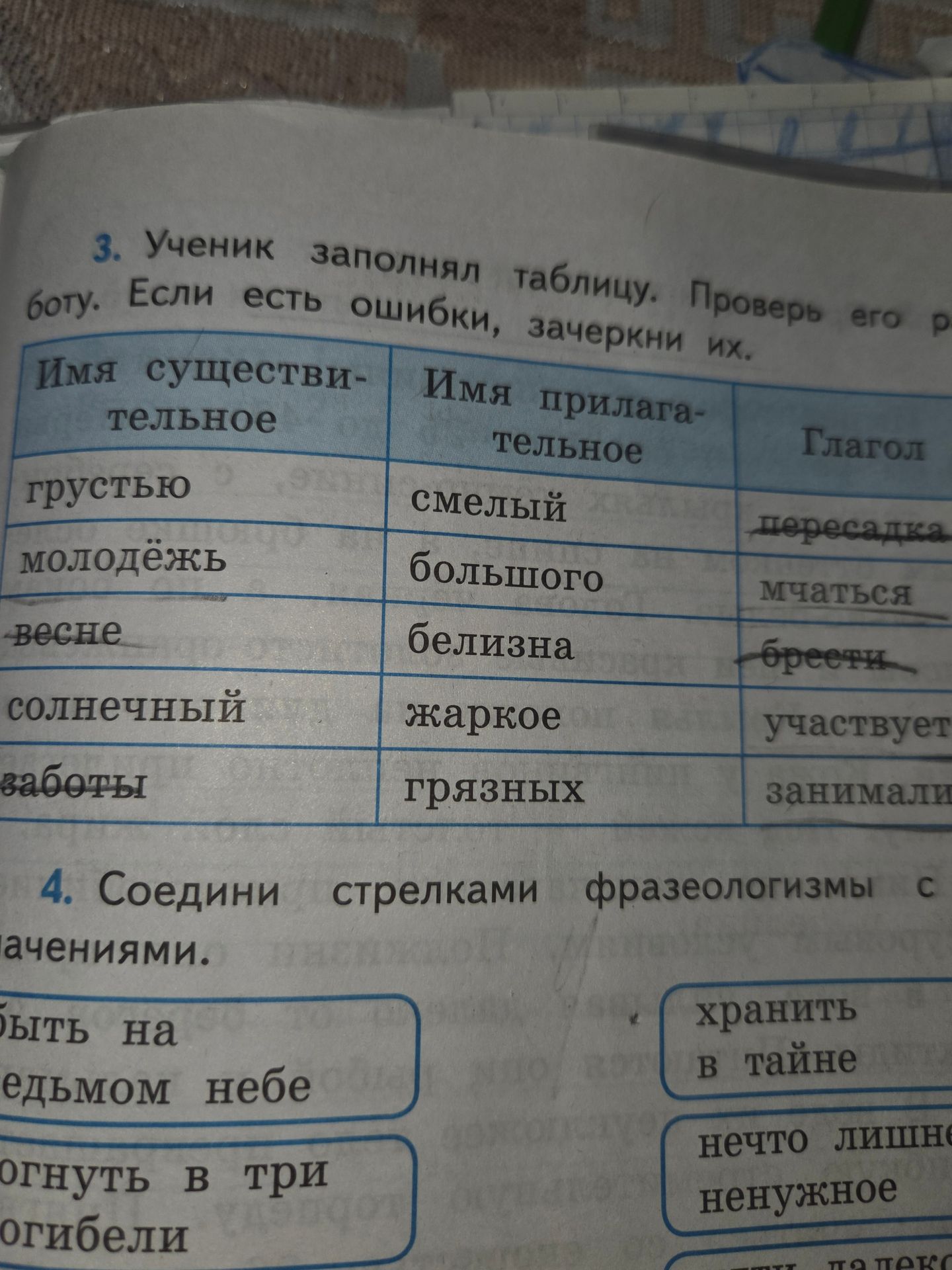 Фото задания: 3. Ученик заполнял таблицу. Проверь его работу. Если есть ошибки, зачеркни их.