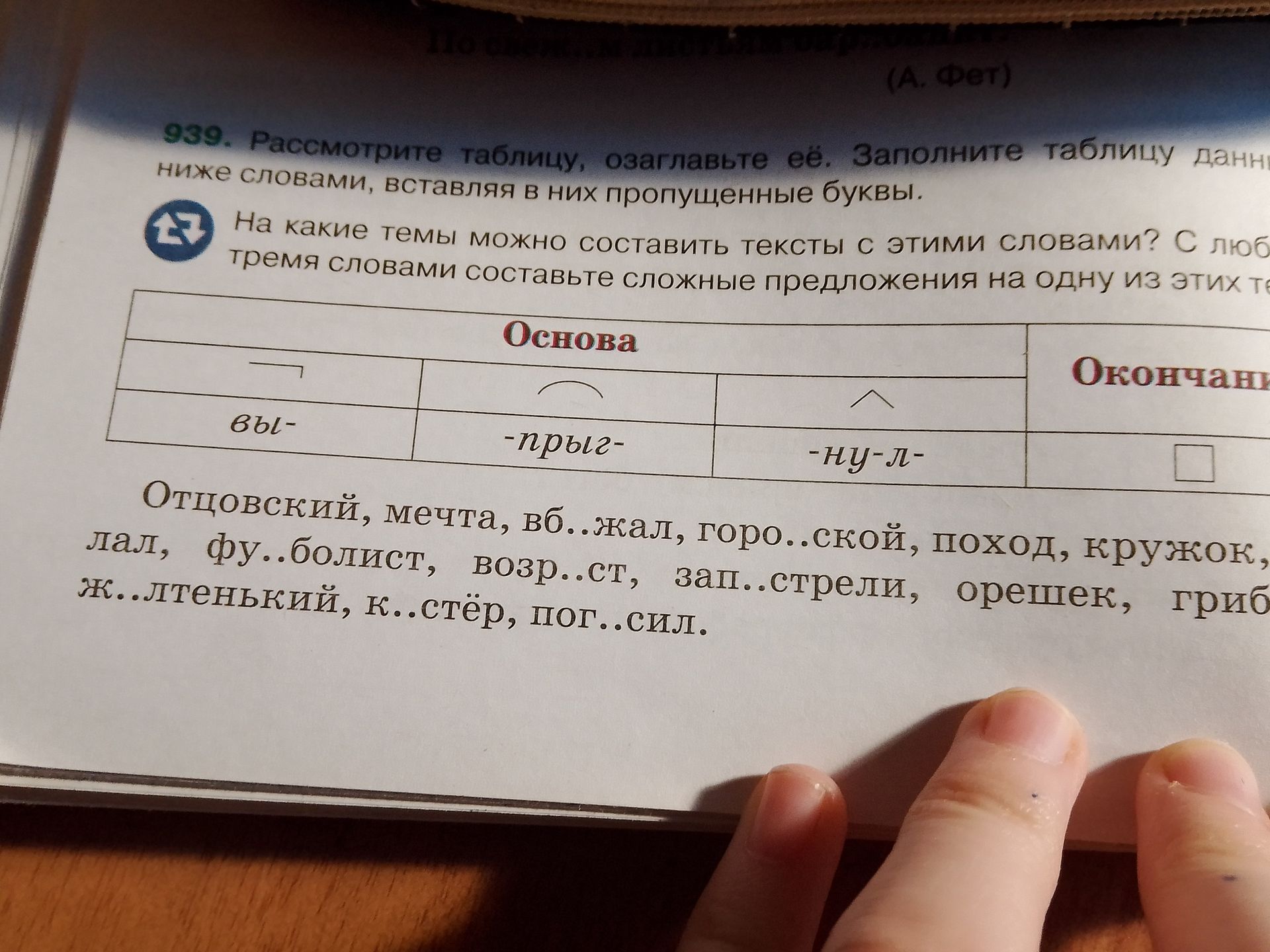 Фото задания: 939. Рассмотрите таблицу, озаглавьте её. Заполните таблицу данными словами, вставляя в них пропущенные буквы. На какие темы…