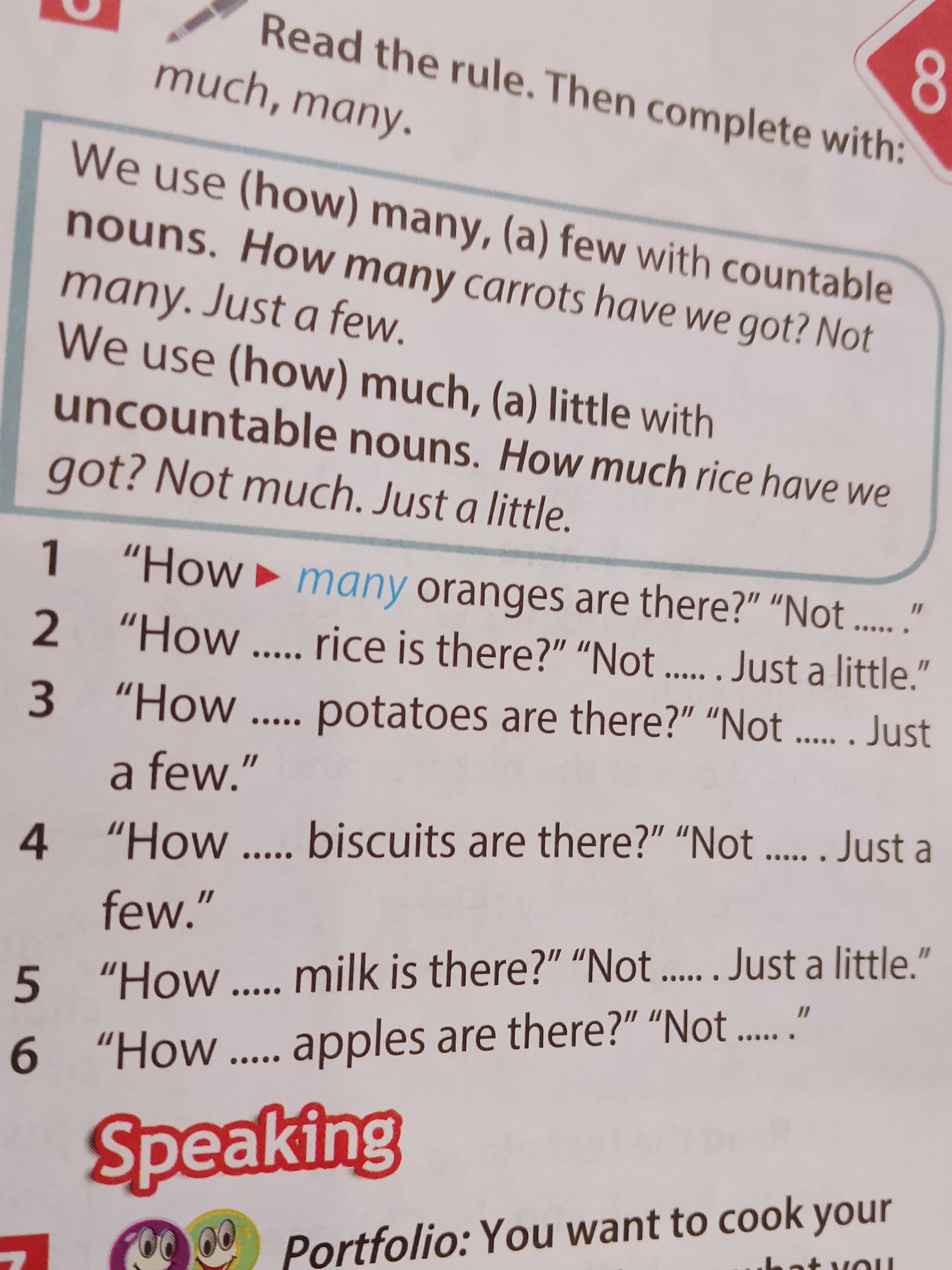 Фото задания: We use (how) many, (a) few with countable nouns. How many carrots have we got? Not many. Just a few. We use (how) much, (a)…