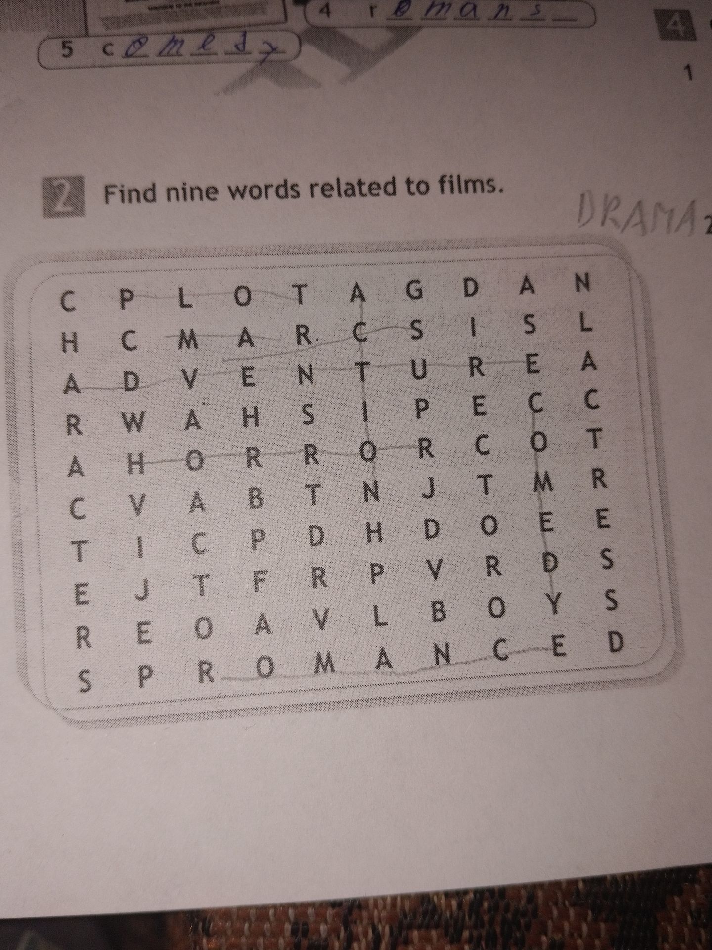 Фото задания: Find nine words related to films.