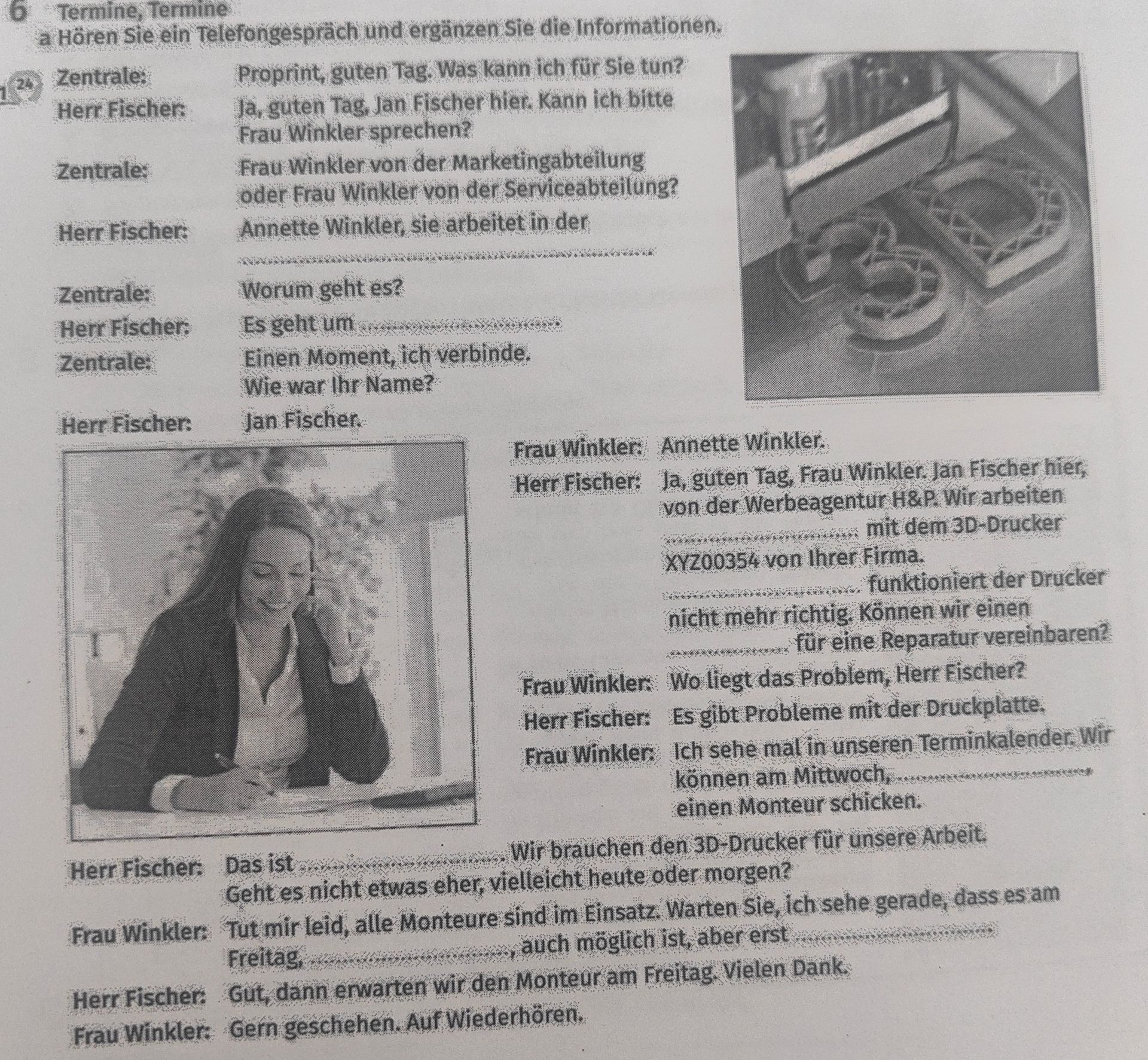 Фото задания: a Hören Sie ein Telefongespräch und ergänzen Sie die Informationen.