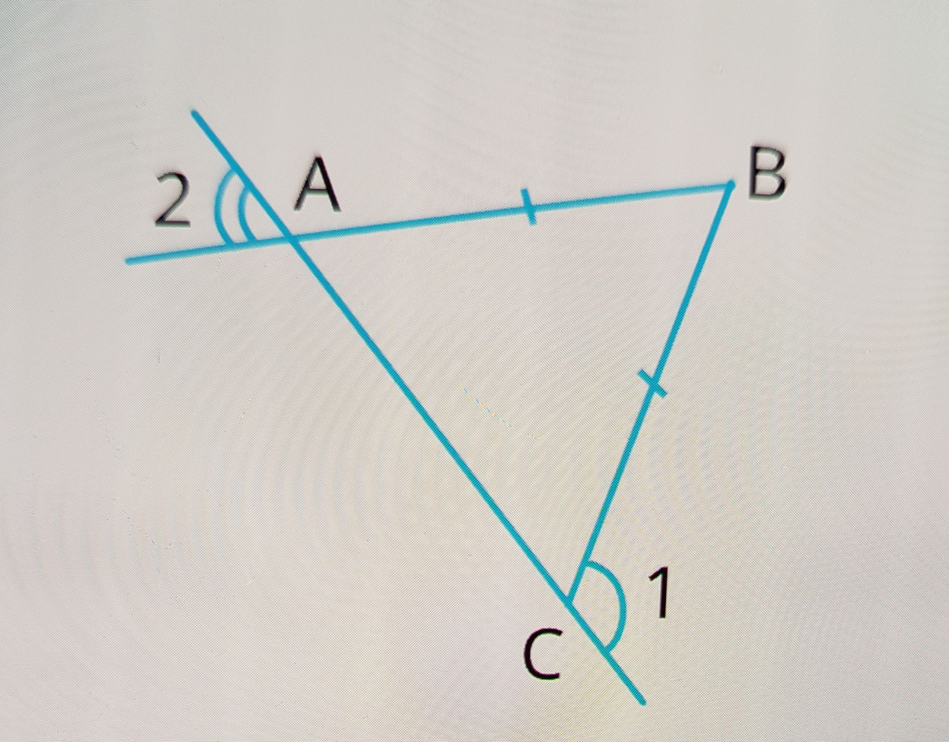 Фото задания: The image shows a triangle ABC with some angle and side markings. Angle 1 and Angle 2 are indicated. The side AB has a tick…