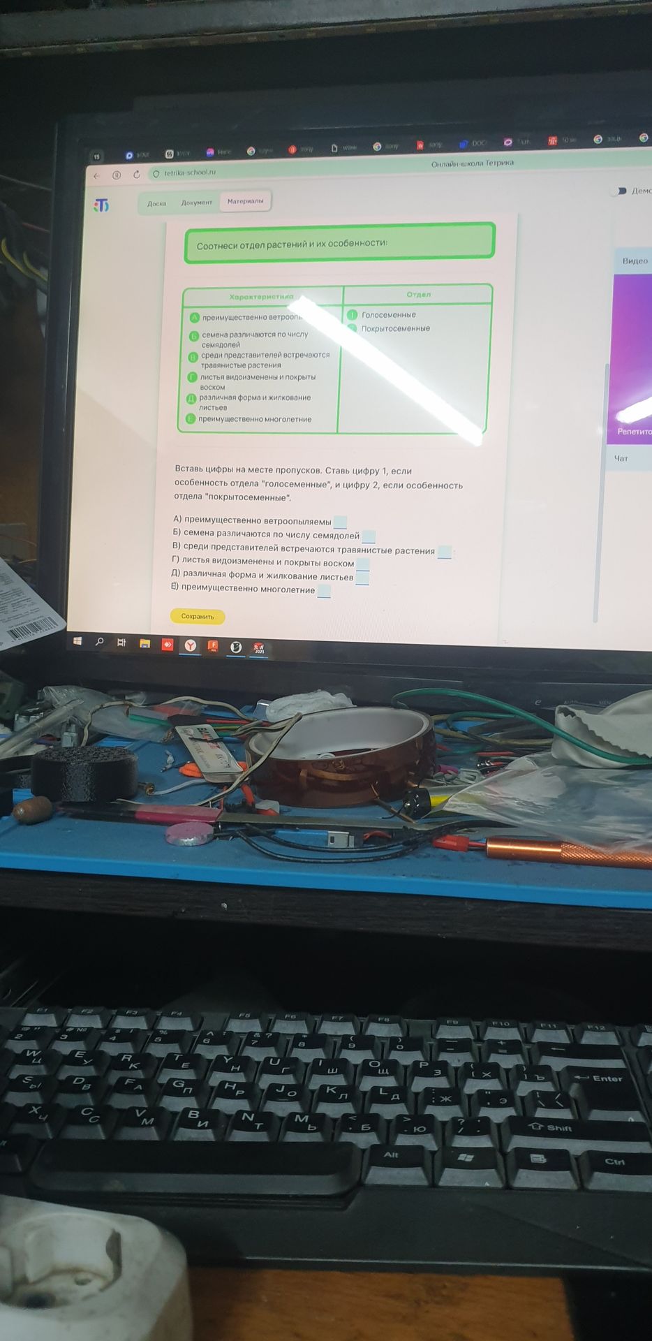 Фото задания: Соотнеси отдел растений и их особенности: