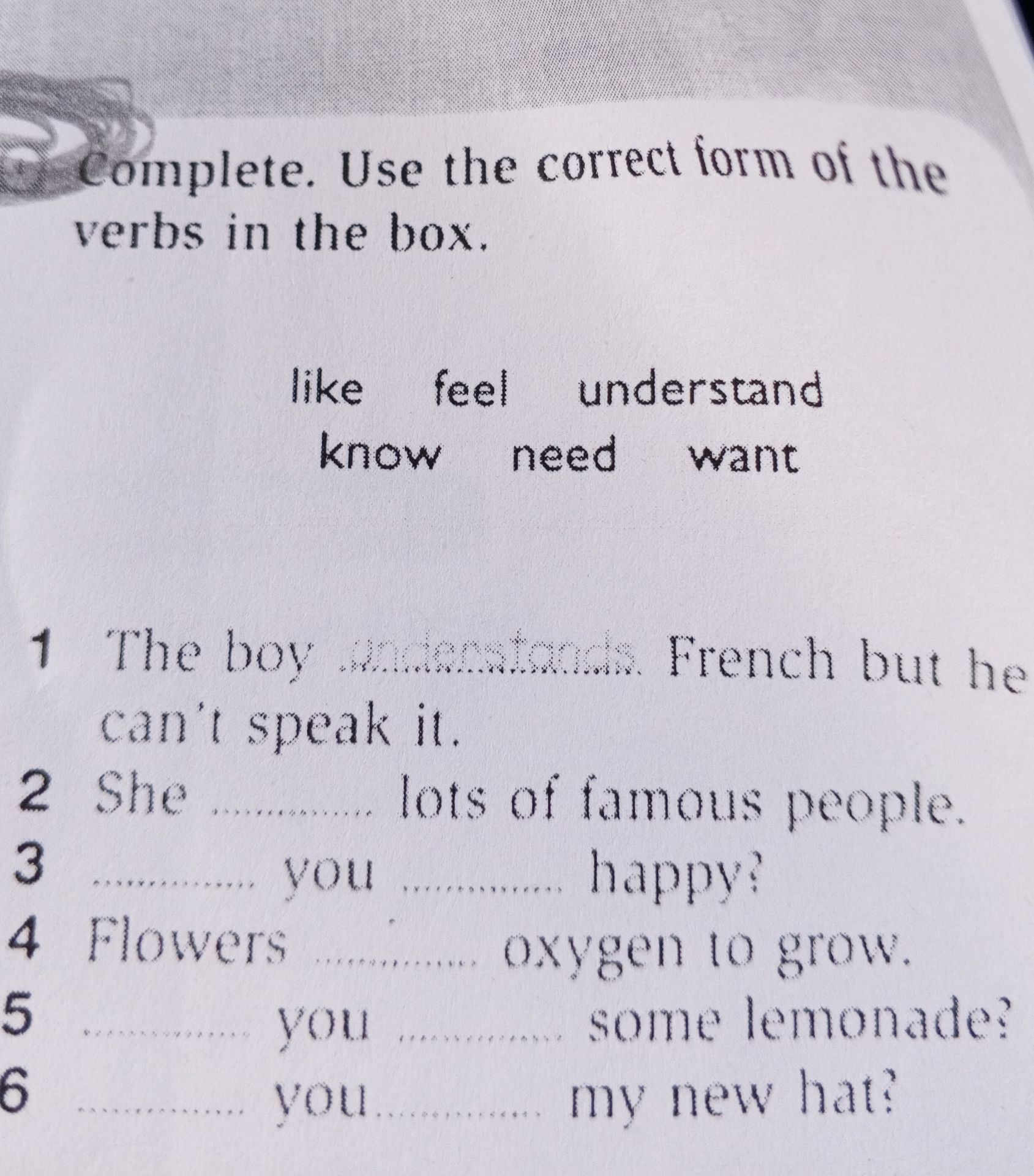 Фото задания: Complete. Use the correct form of the verbs in the box. like feel understand know need want 1 The boy ..................…
