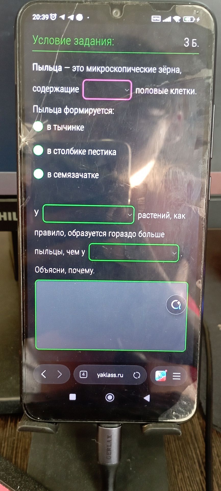 Фото задания: Пыльца — это микроскопические зёрна, содержащие __________ половые клетки. Пыльца формируется: – в тычинке – в столбике…