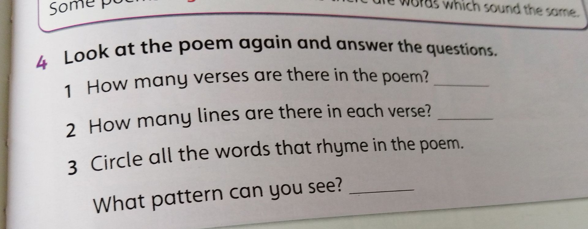Фото задания: 4 Look at the poem again and answer the questions. 1 How many verses are there in the poem? 2 How many lines are there in…