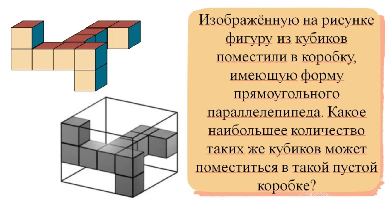 Фото задания: Изображённую на рисунке фигуру из кубиков поместили в коробку, имеющую форму прямоугольного параллелепипеда. Какое наибольшее…
