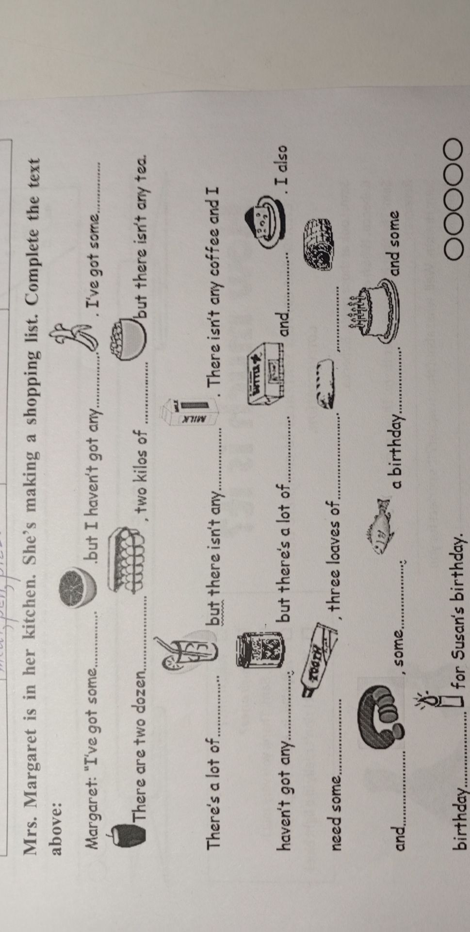 Фото задания: Mrs. Margaret is in her kitchen. She's making a shopping list. Complete the text above: