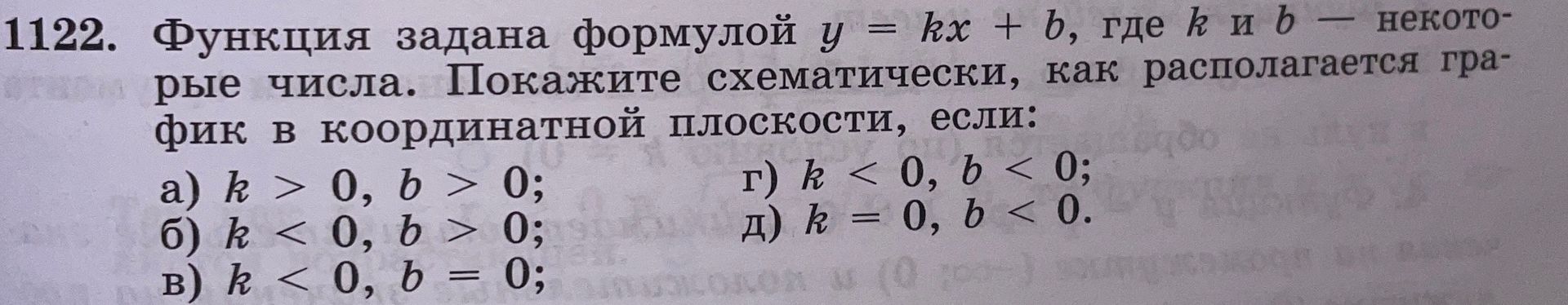 Фото задания: 1122. Функция задана формулой y = kx + b, где k и b — некоторые числа. Покажите схематически, как располагается график в…