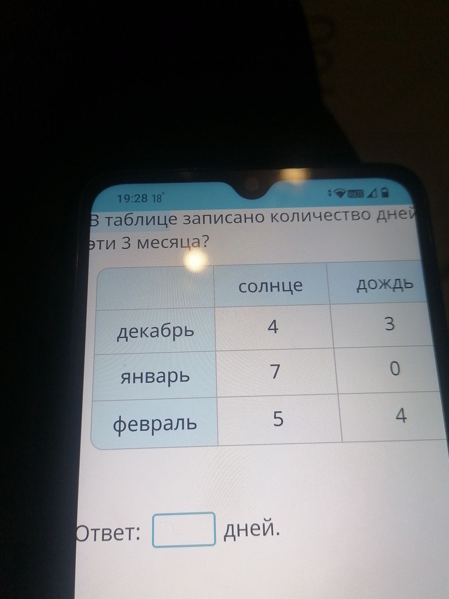 Фото задания: В таблице записано количество дней эти 3 месяца? | | солнце | дождь | | :---- | :----- | :---- | | декабрь | 4 | 3 | | январь…