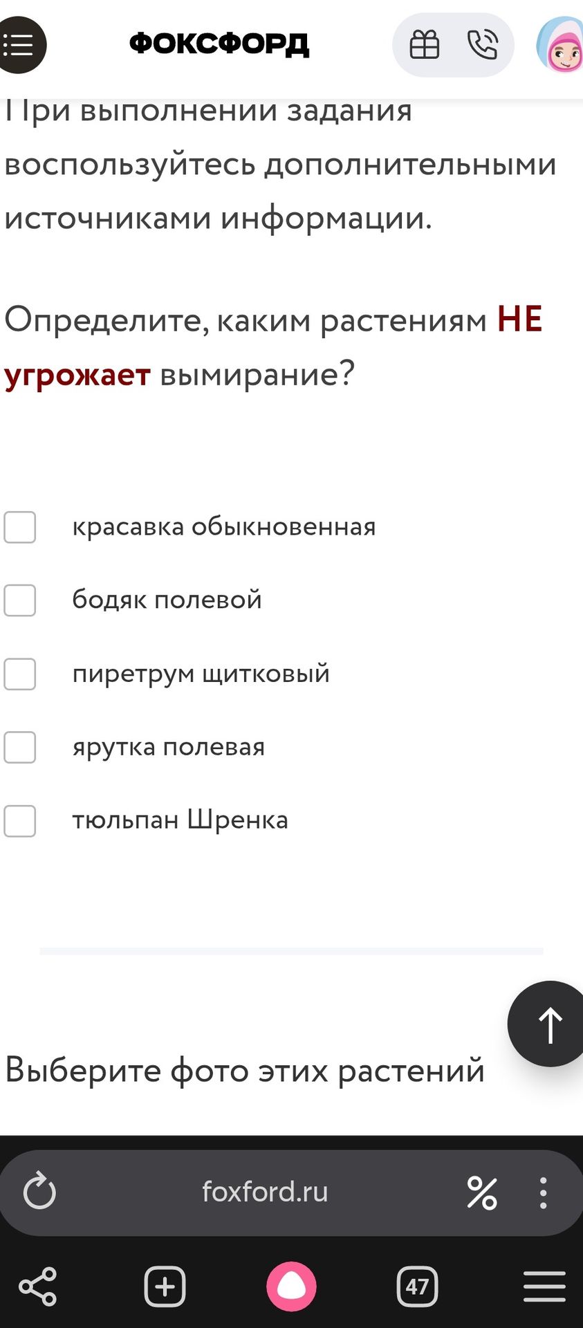 Фото задания: Определите, каким растениям НЕ угрожает вымирание?