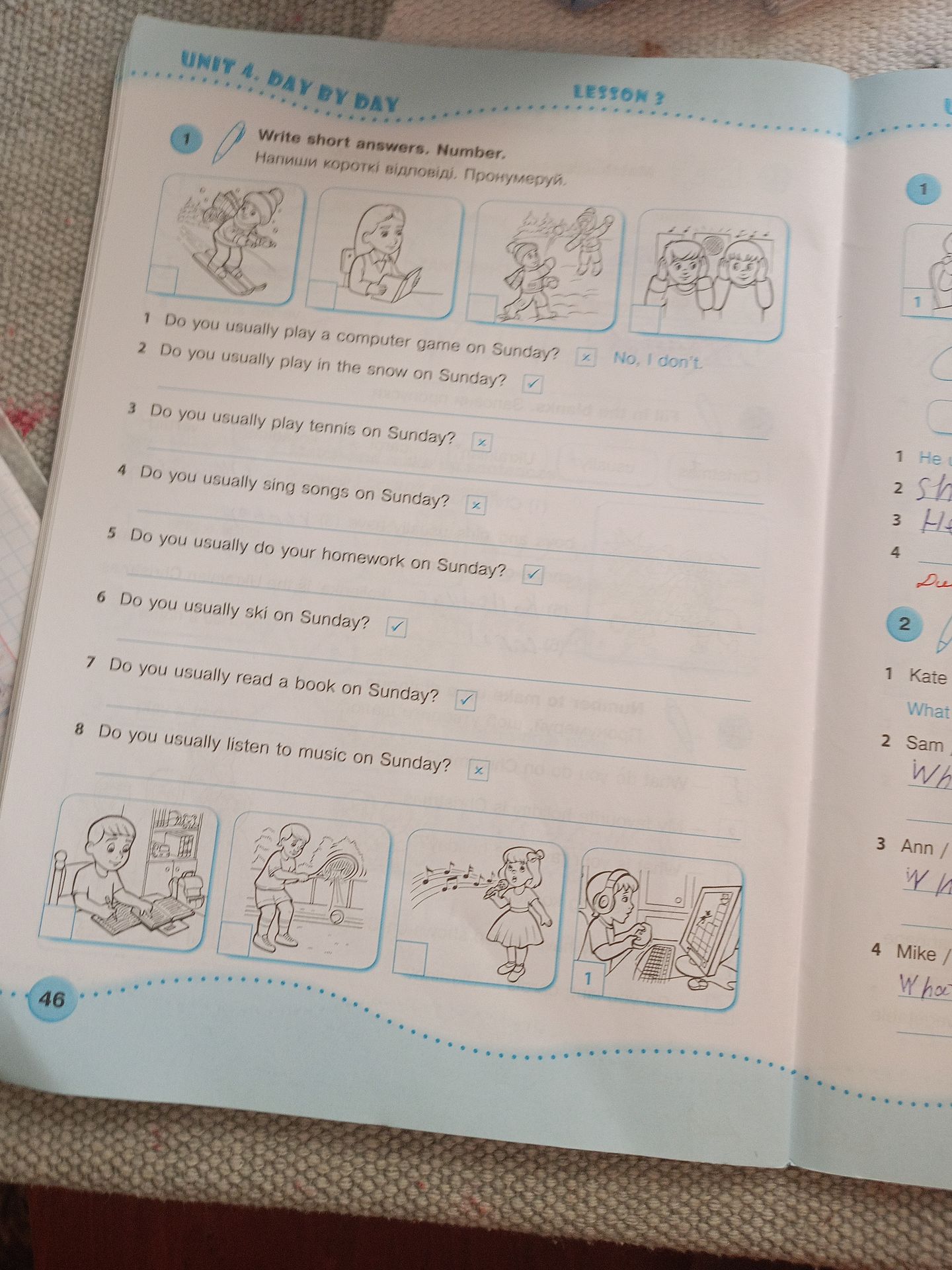 Фото задания: UNIT 4. DAY BY DAY LESSON 3. Write short answers. Number. Напиши короткі відповіді. Пронумеруй.